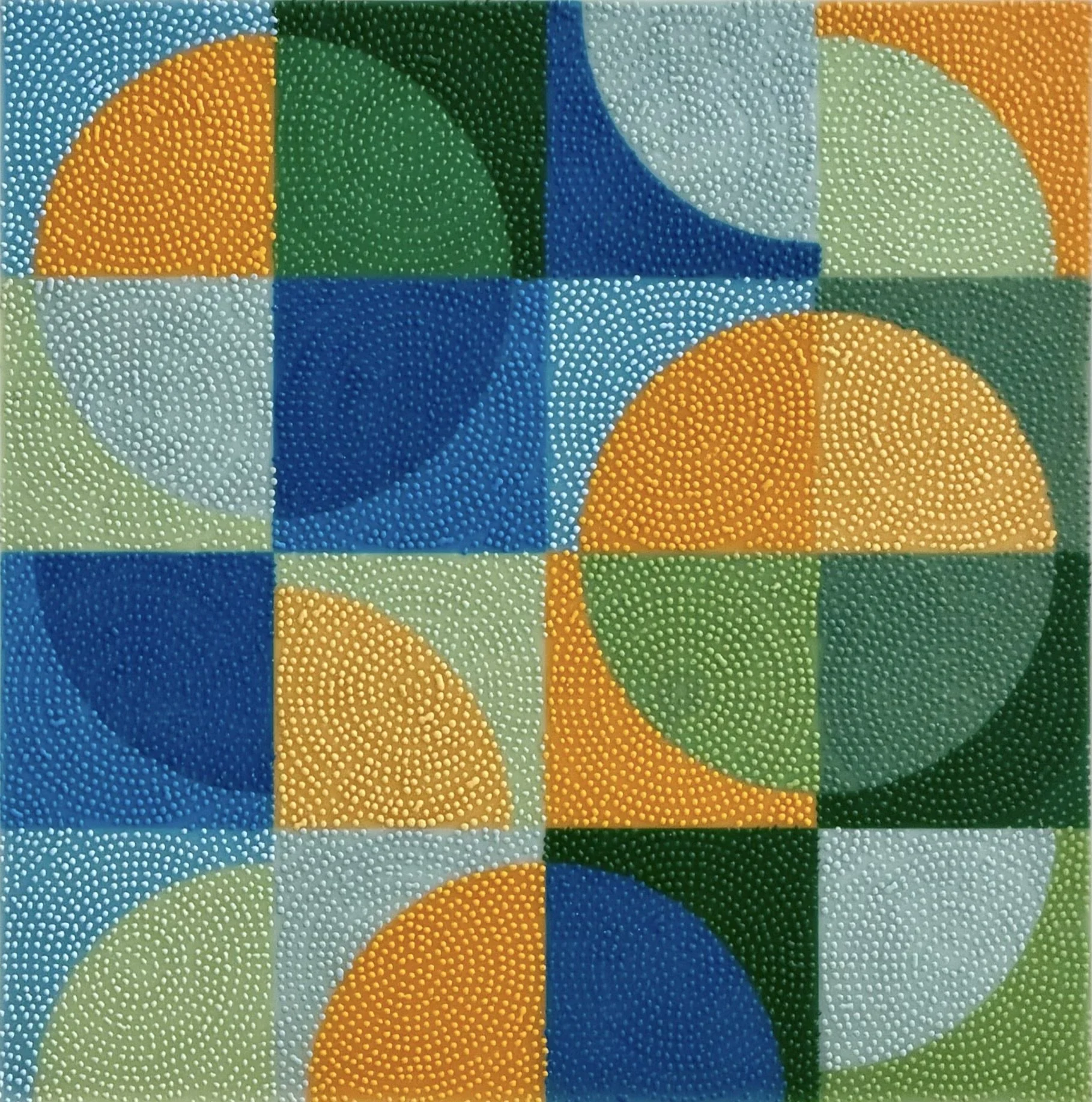 Turning Point IX, original geometric encaustic painting by rjostudio with rotating quarter circles in cobalt blue, golden orange, mint green, and deep green, featuring raised stippled dots.