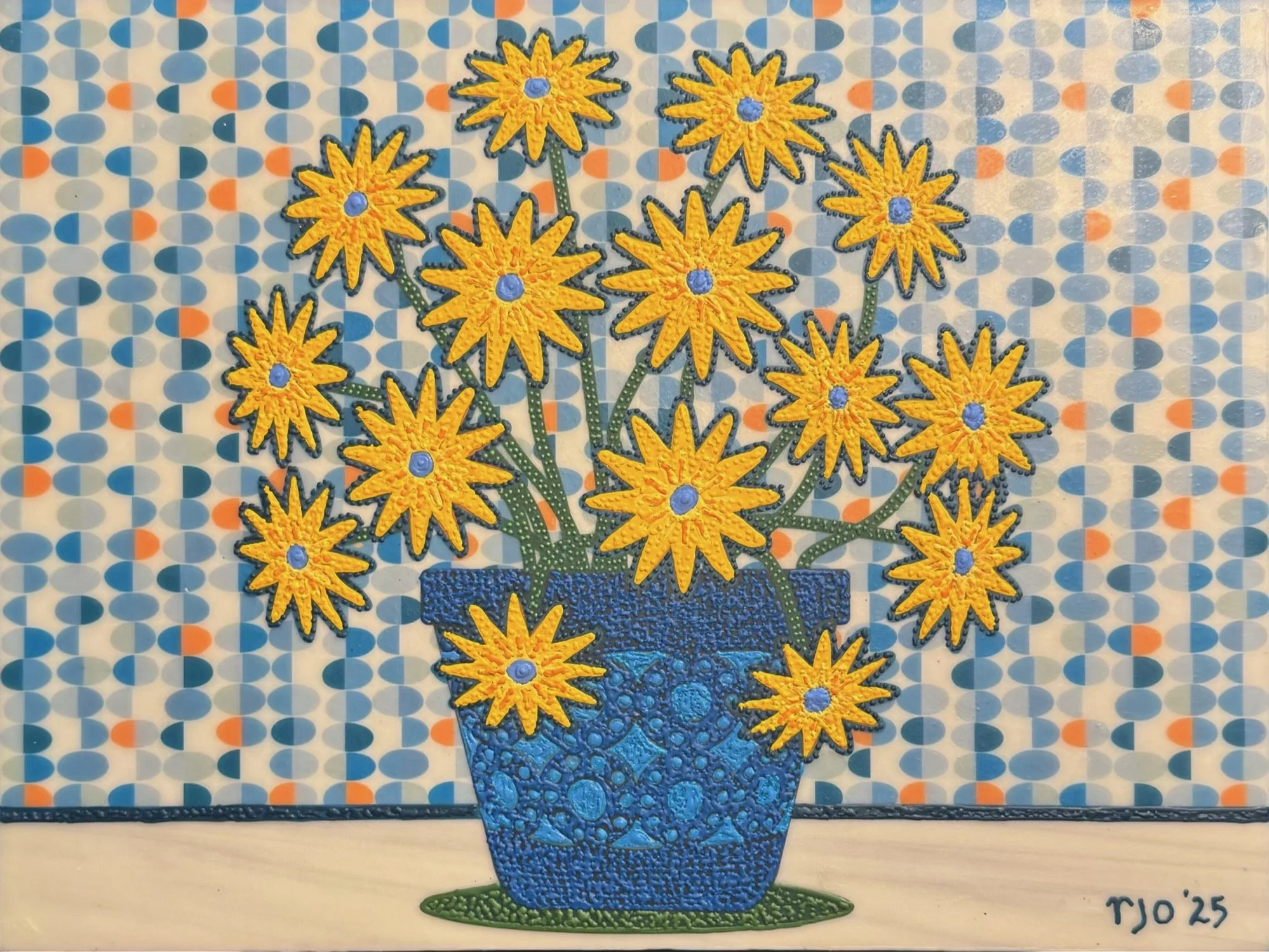 Yellow Flowers in a Blue Pot, 12x12