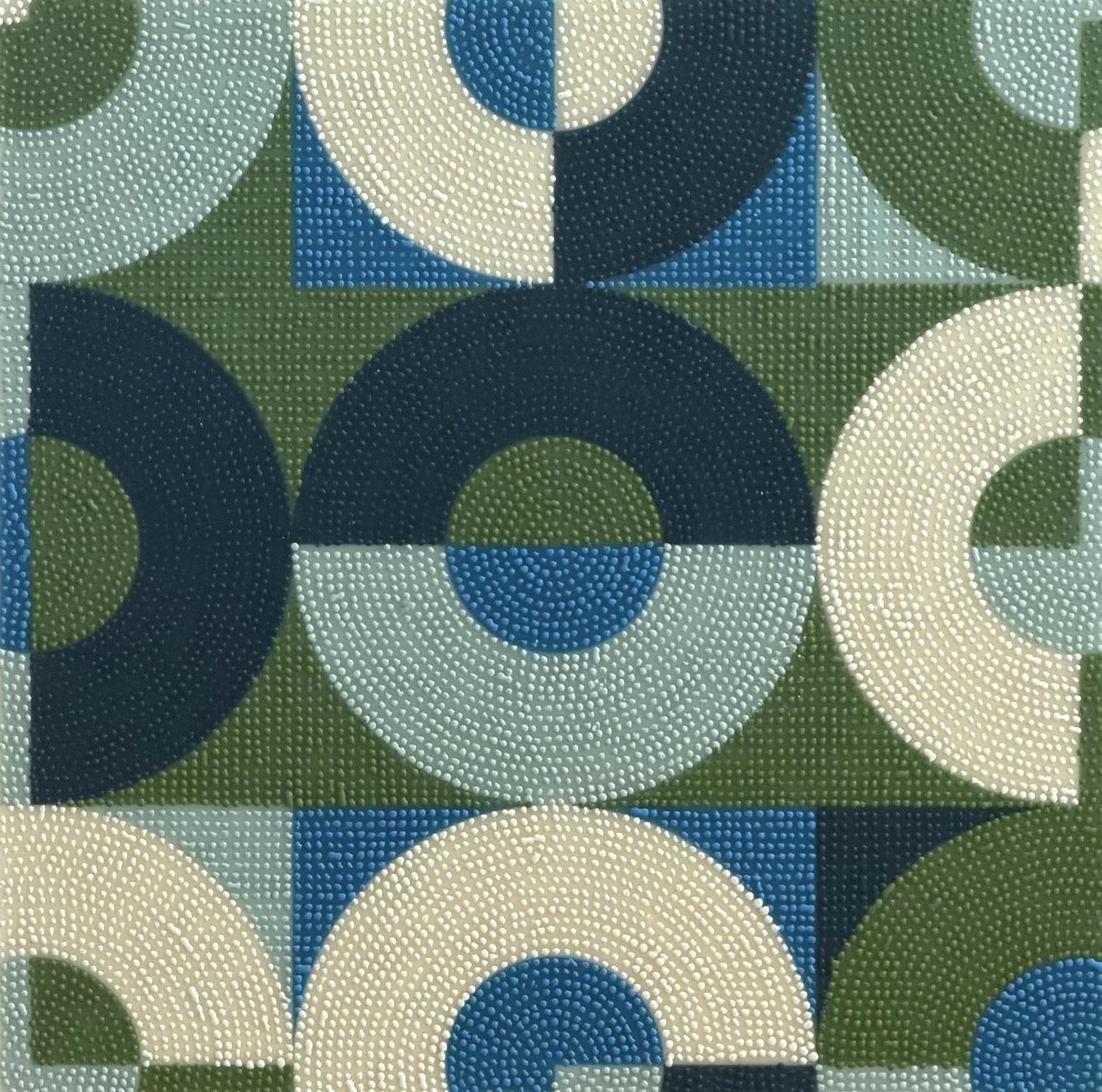 Close-up of a geometric encaustic painting by Ross Ozer showing thousands of individually applied wax marks, layered colors, and richly textured surfaces.