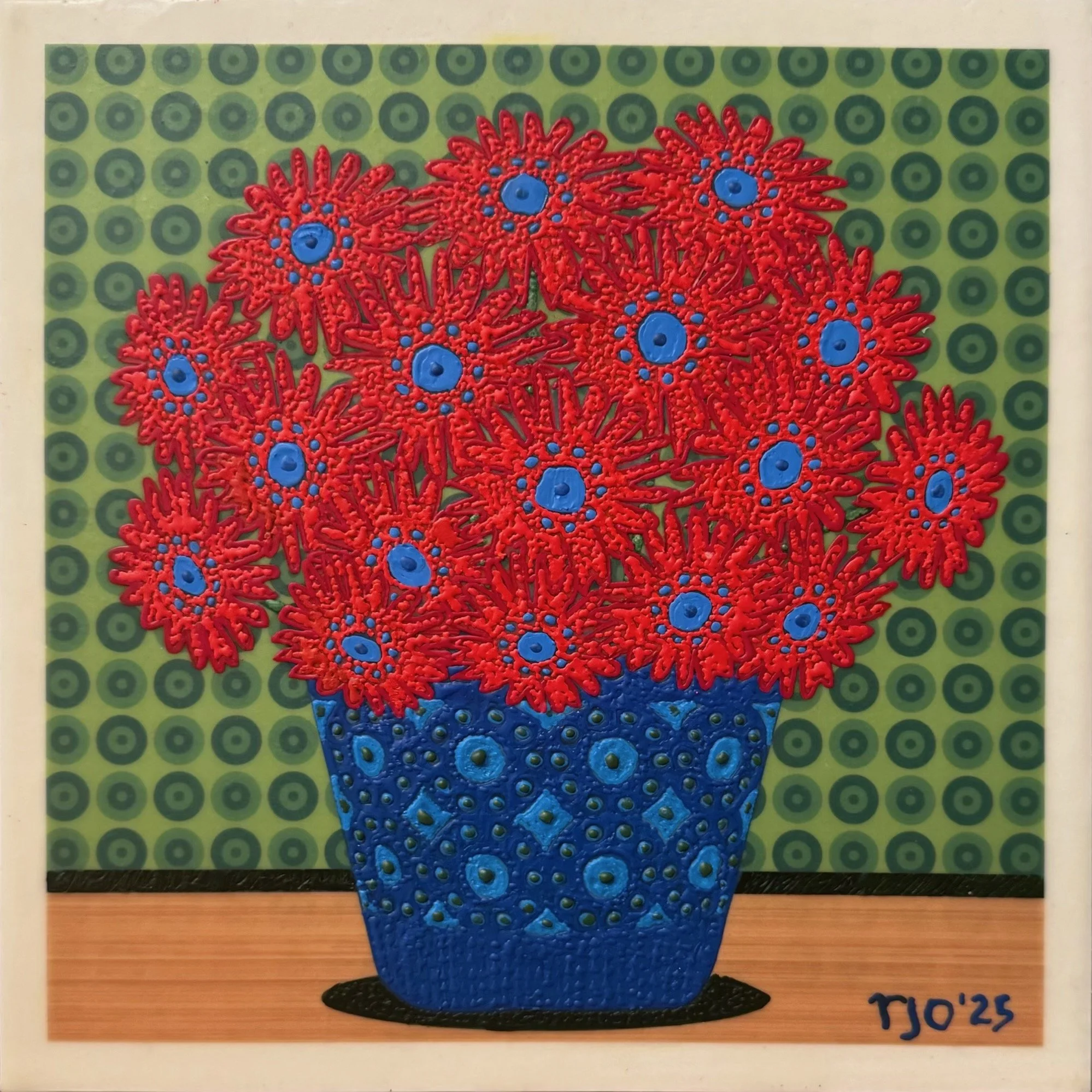 Red Flowers in a Green and Blue Pot, 12x12