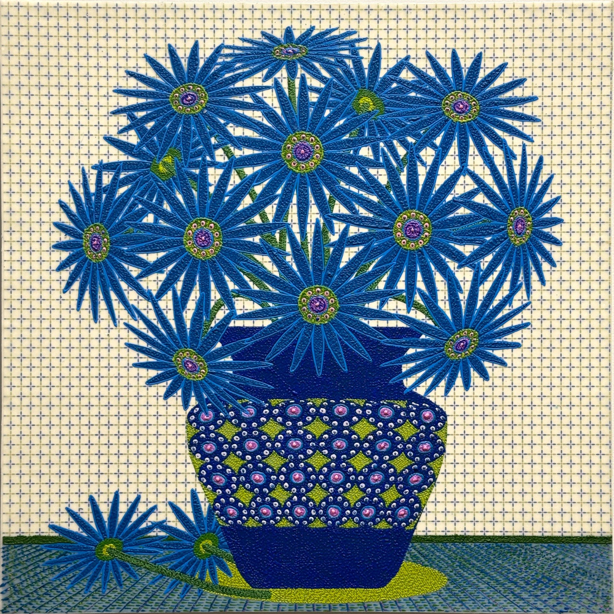 Blue Flowers in a Blue and Green Vase