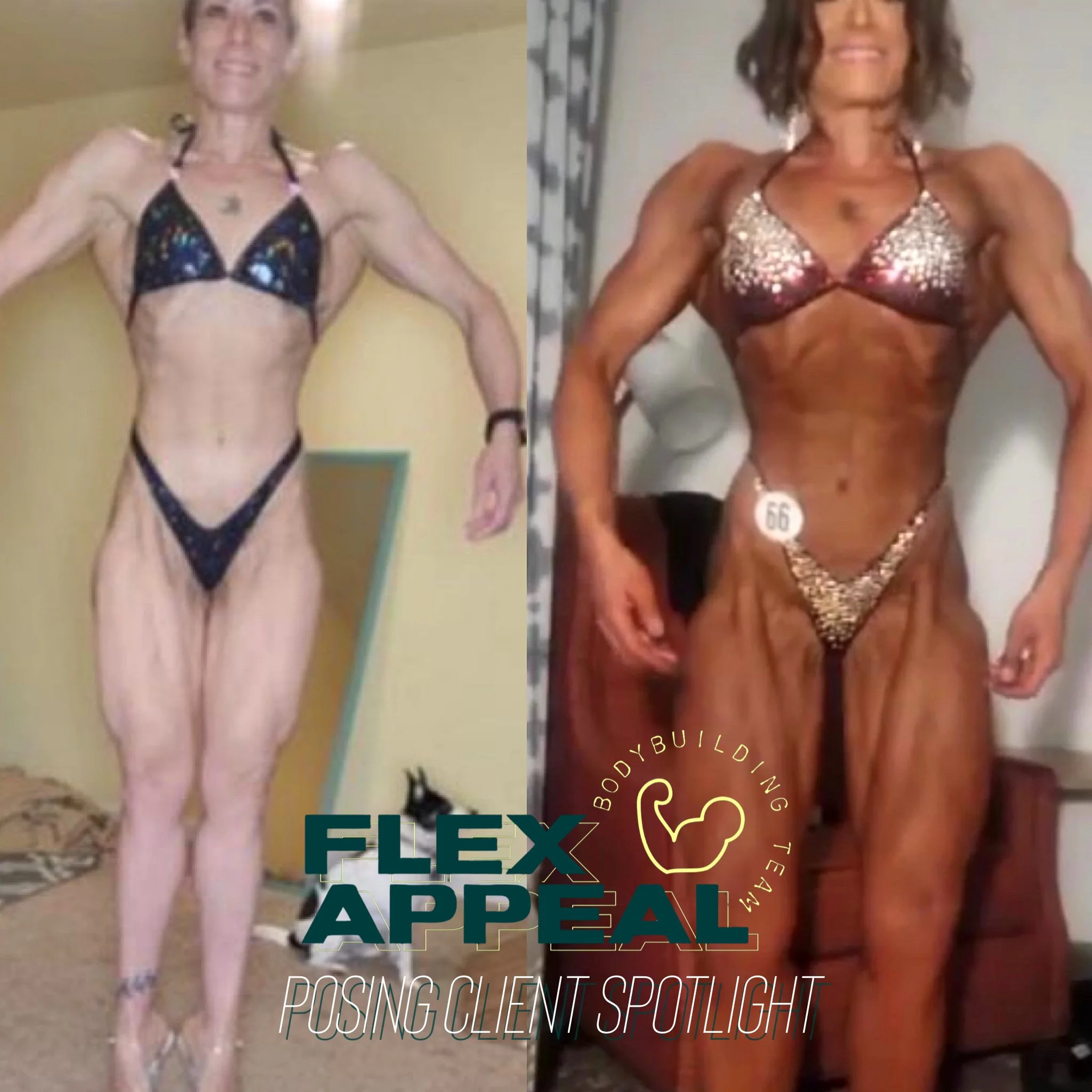 Posing Client Crystal's transformation from day 1 to Show- earned top 5 in 3 classes (6 posing sessions) 
