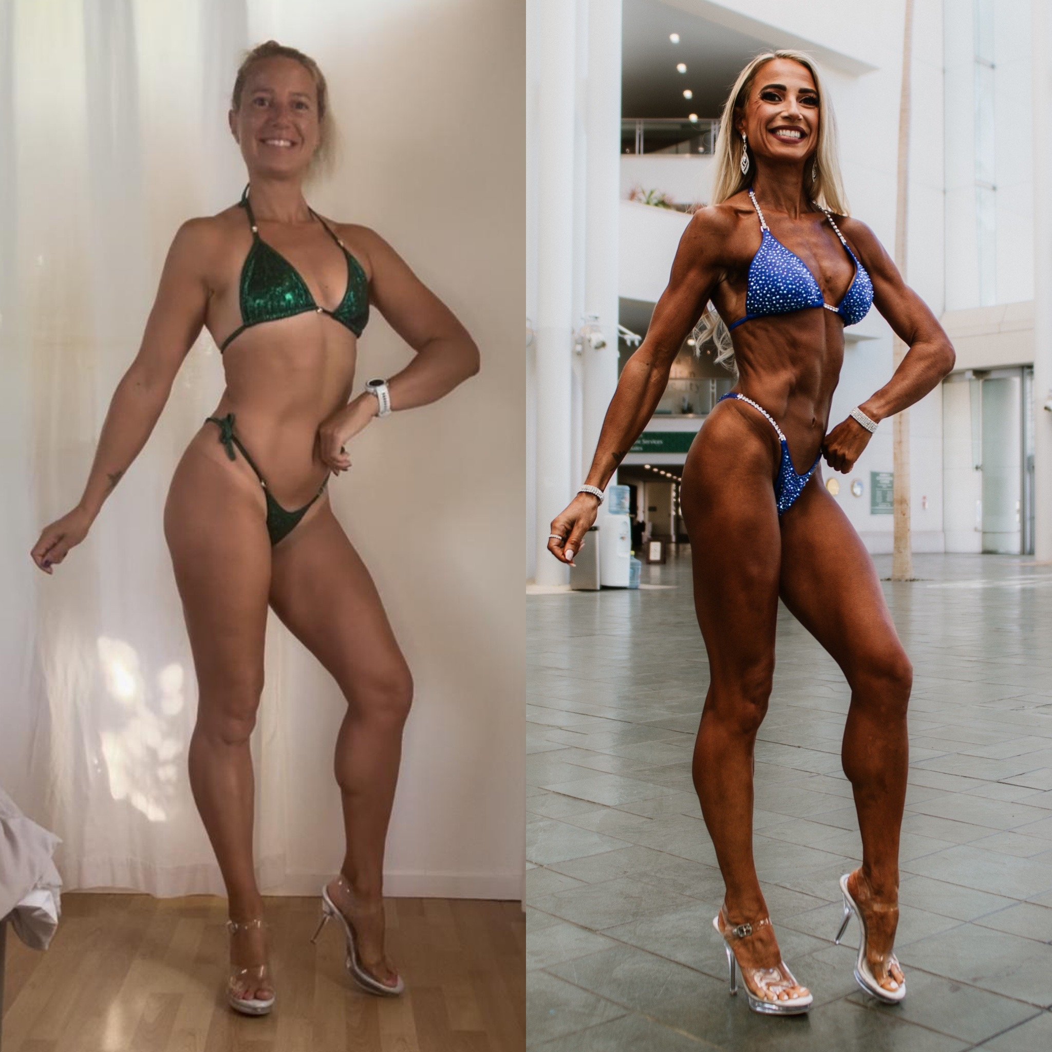 Athlete Melissa's transformation from day 1 to Show- winning top 5 in 3 classes. (4 months woking together)