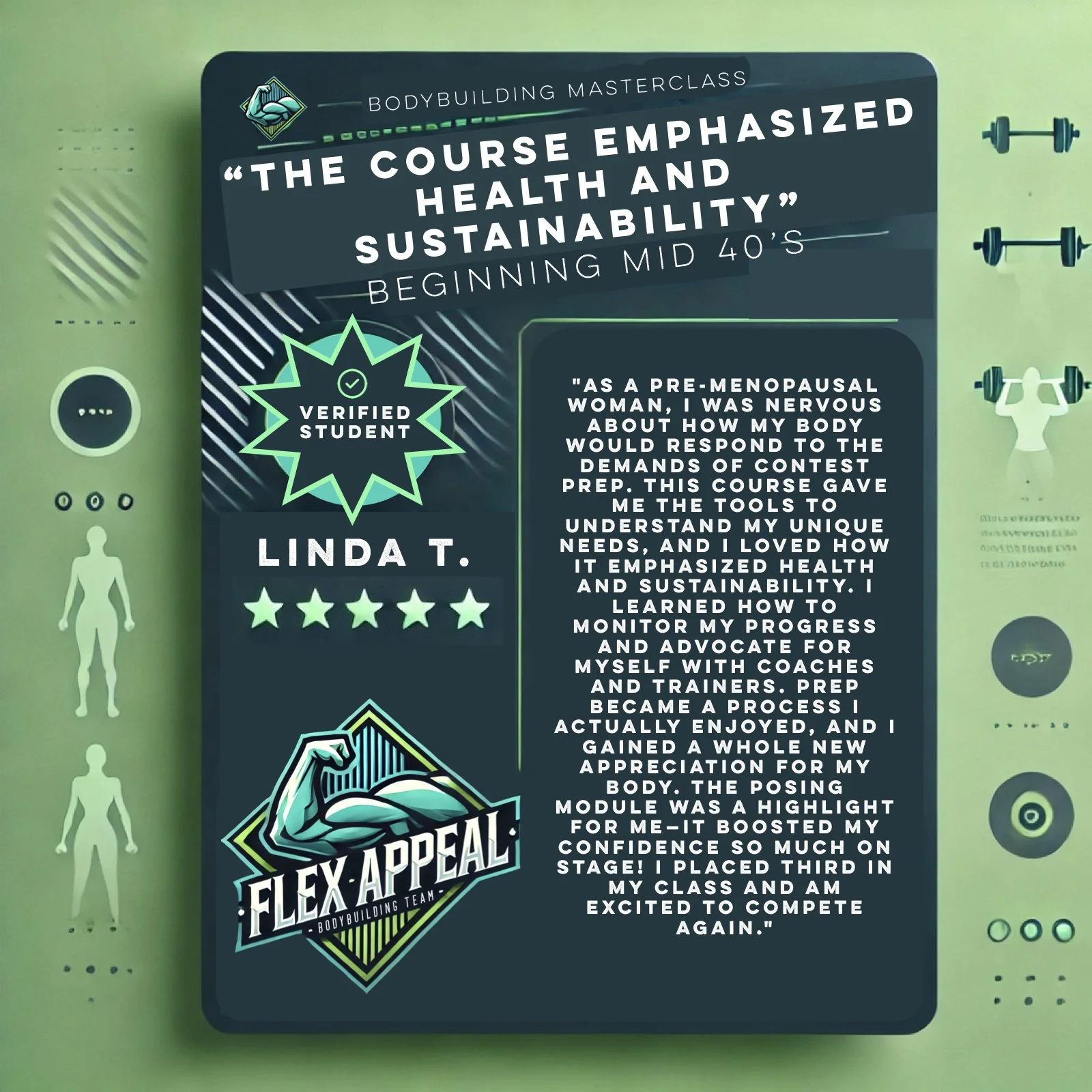 Testimonial poster for a bodybuilding masterclass titled 'The Course Emphasized Health and Sustainability Beginning Mid 40's'. Displays verified student Linda T. with five stars. Contains a quote praising the course for providing understanding of health needs, monitoring progress, and increasing confidence, with a graphic logo of a muscular arm and the text 'Flex Appeal'.