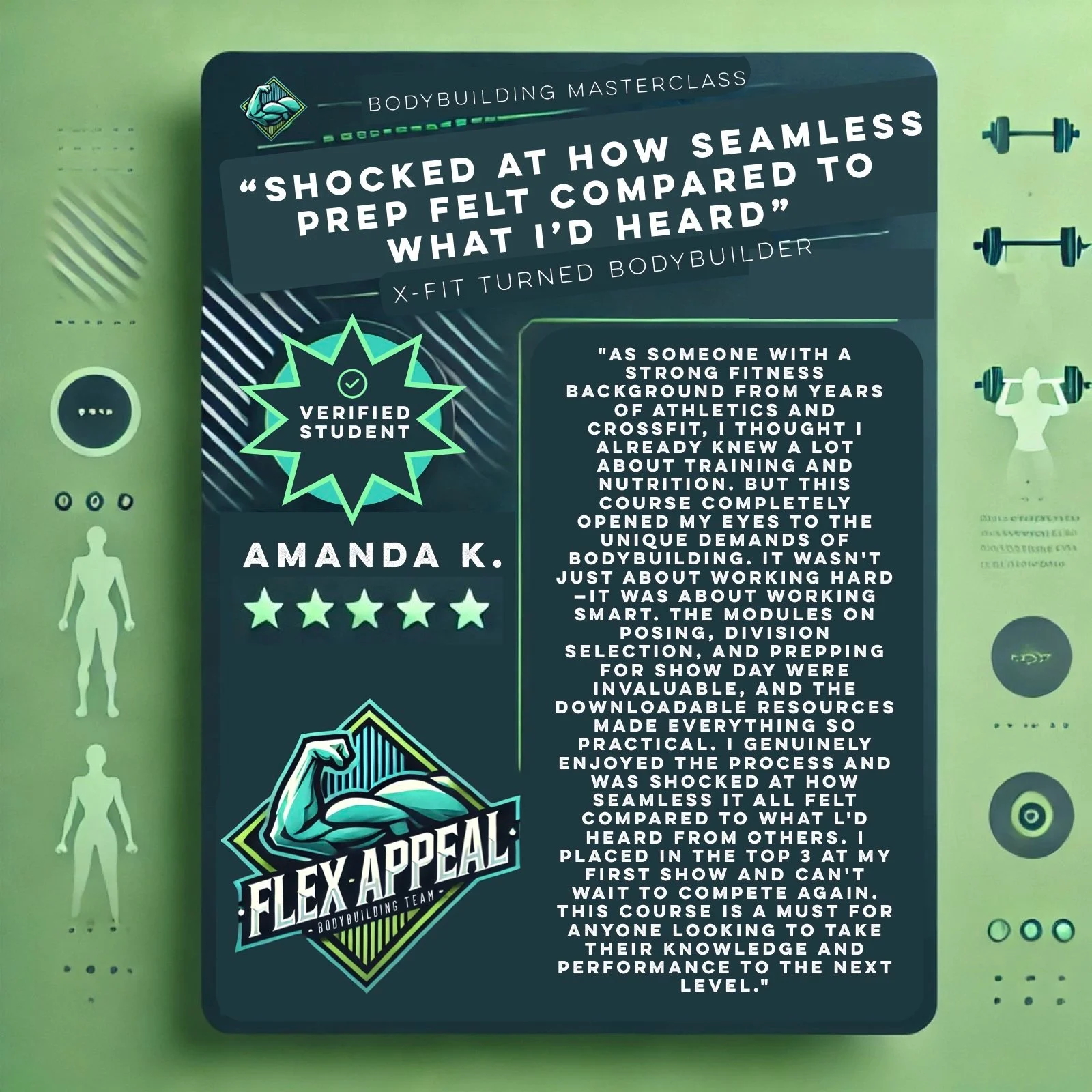 Testimonial:  "Shocked at how seamless prep felt compared to what I’d heard" with review from Amanda K., a verified student, and a logo for Flex Appeal Bodybuilding Team. 