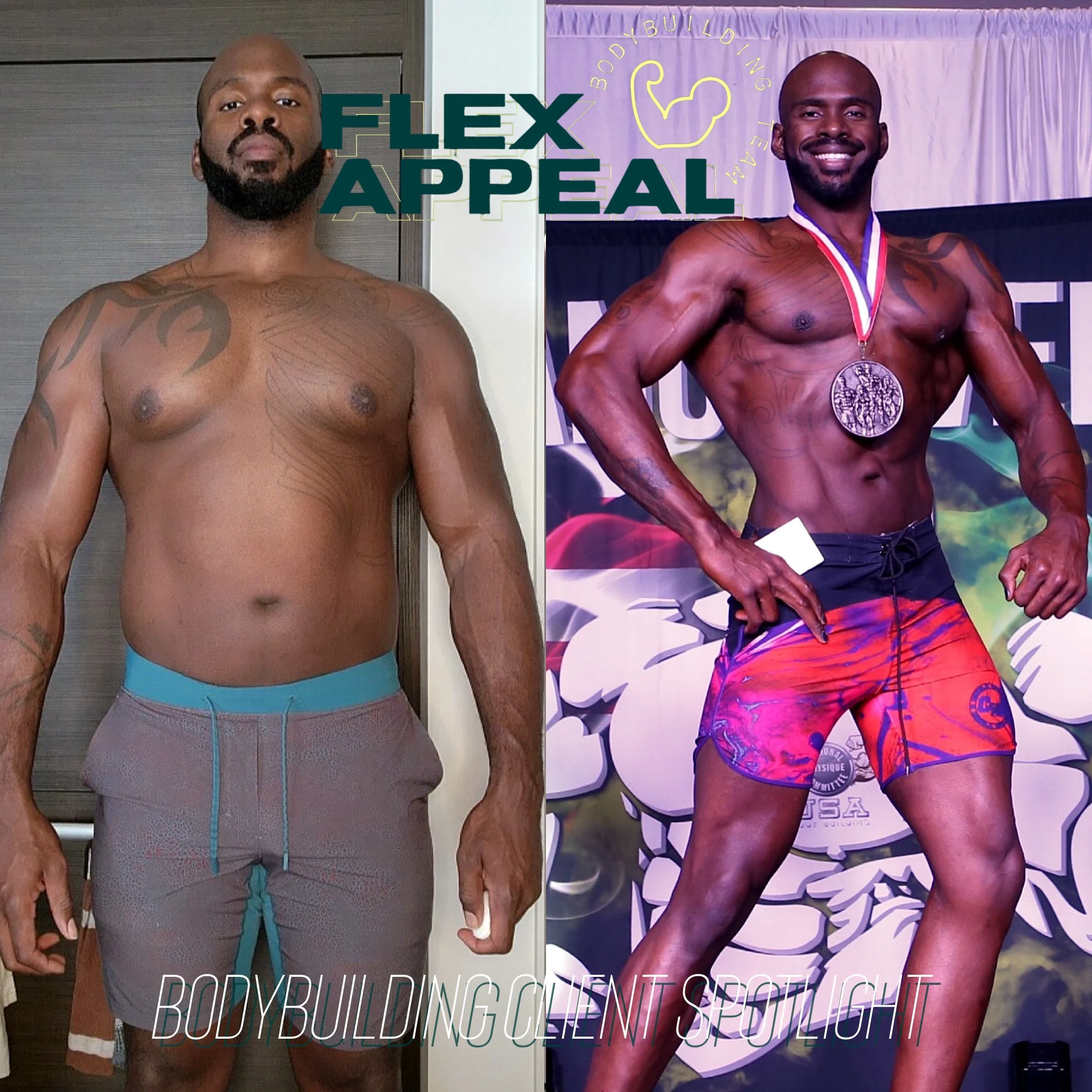 Athlete David's transformation from day 1 to Show- earned top 5 in 3 classes (6 months working together) 