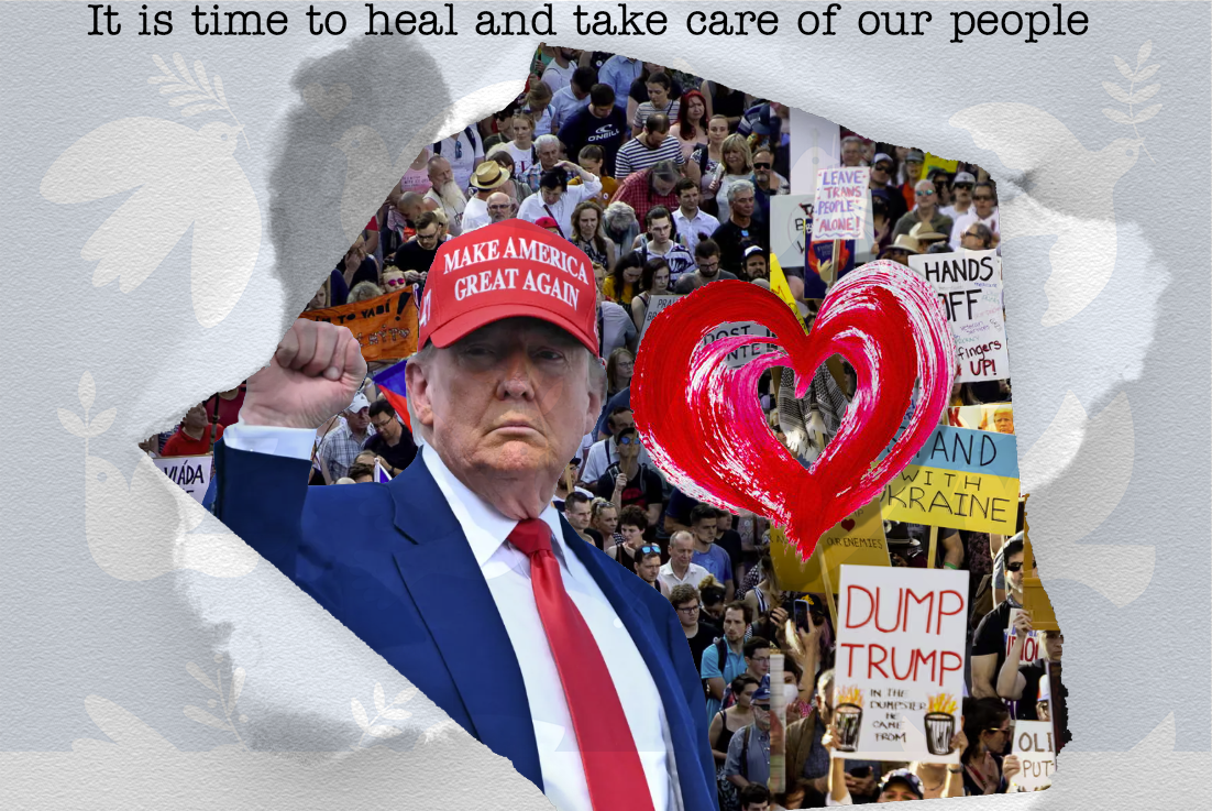 Image collage of Trump with MAGA hat on, a heart graphic with a background image of Trump protesters. There is a torn paper layer showing the collage behind it