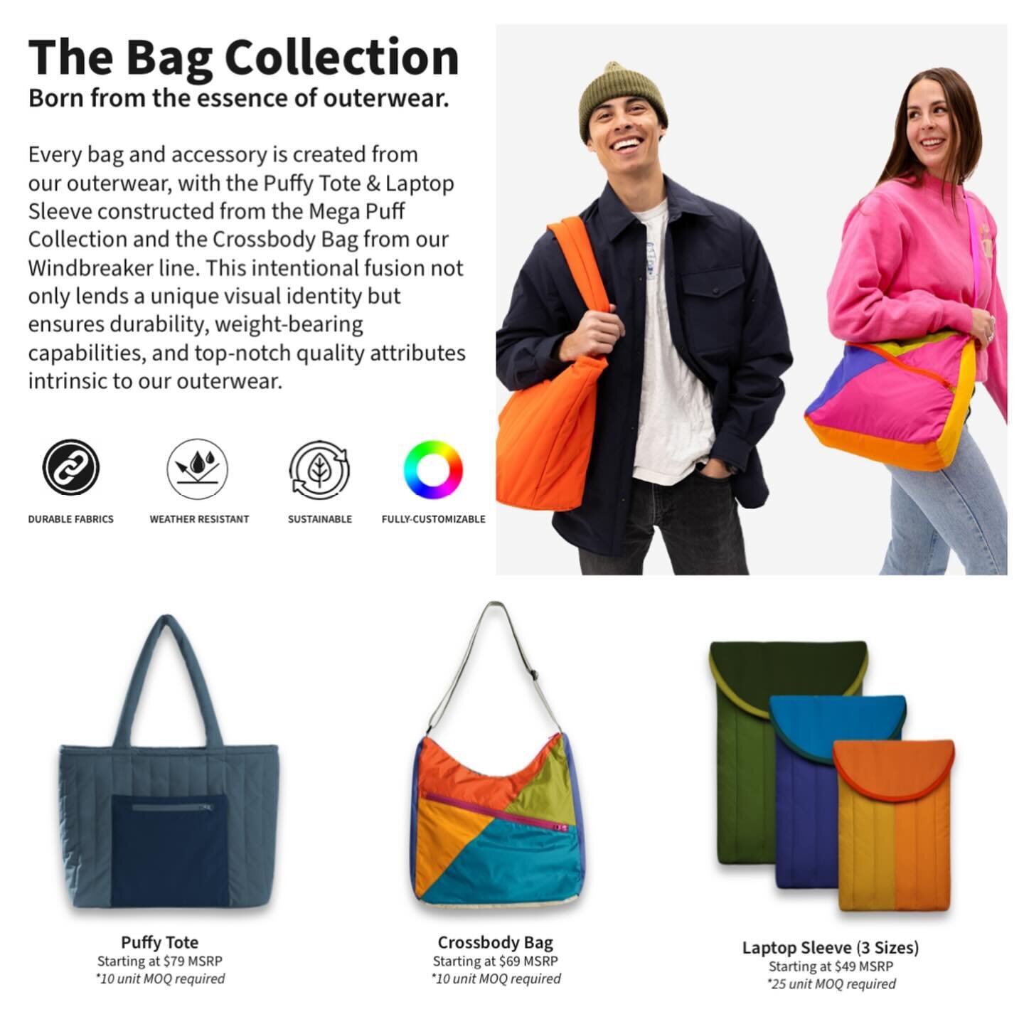 A cool new take on custom bags. Match your outdoor apparel to your bags and it&rsquo;s a set everyone will need. Perfect for employee gifting. Make Merch People Want!!