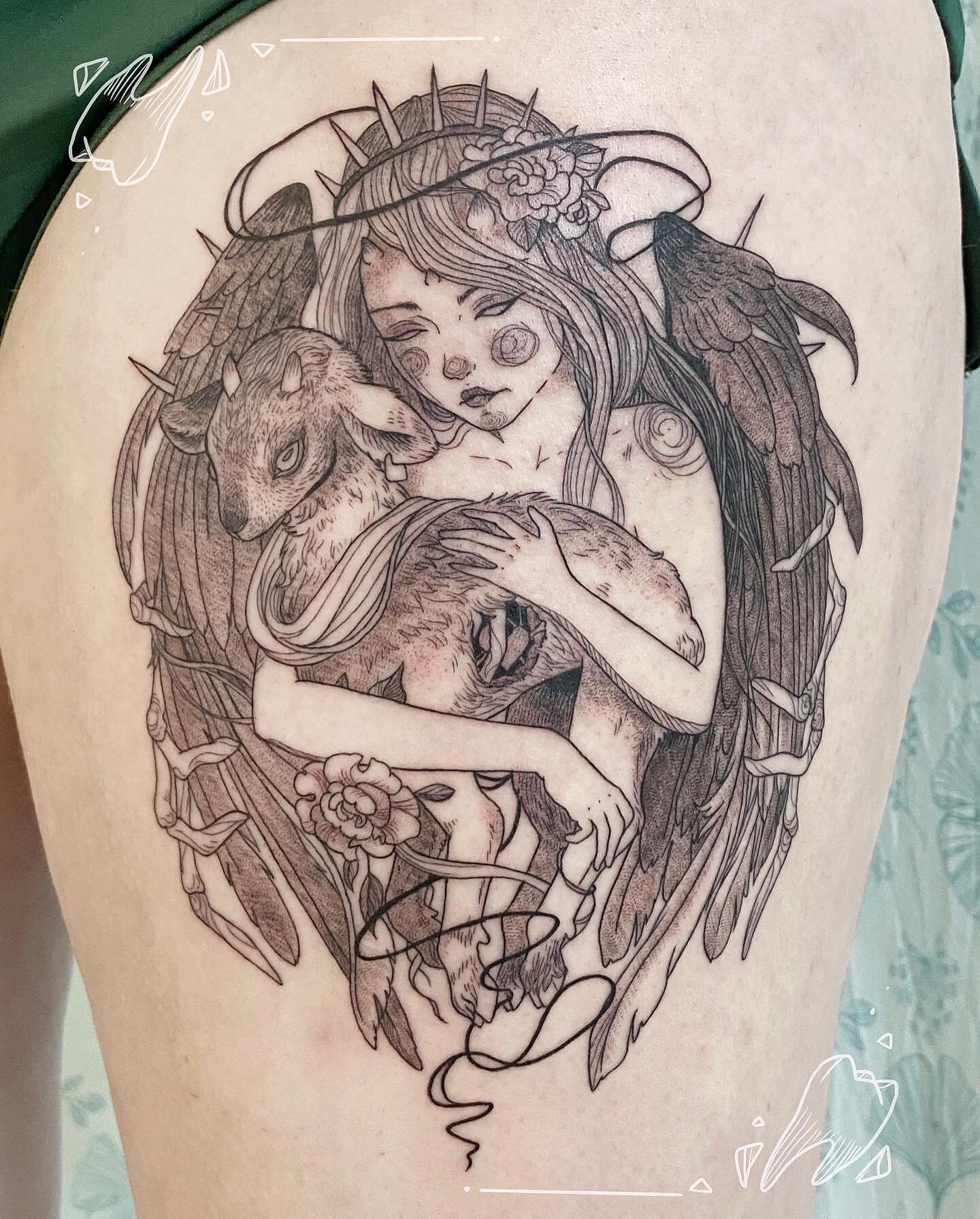 A hauntingly beautiful angel and her goat by Maria @duskatdaybreak - who says flash tattoos have to be small?!
.
.
.
.
.
#creepycute #spookytattoo #illustrativetattoo #portraittattoo #illustrationtattoo #detailedtattoo #blackwork #blackworktattoo #bl