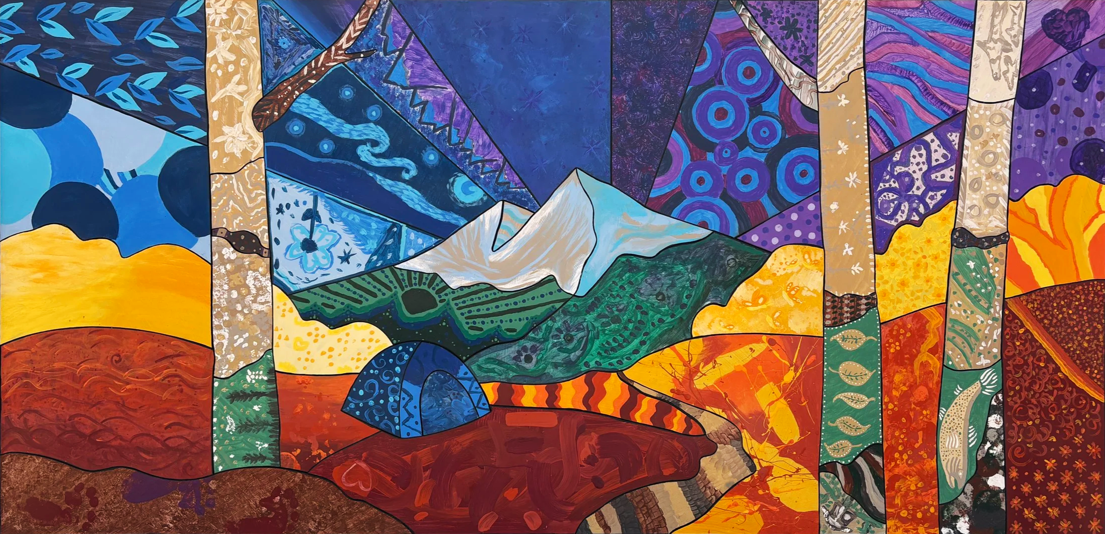 Colorful mountain campsite design from Bear Tree Creative's Painting Pieces collaborative art project library.