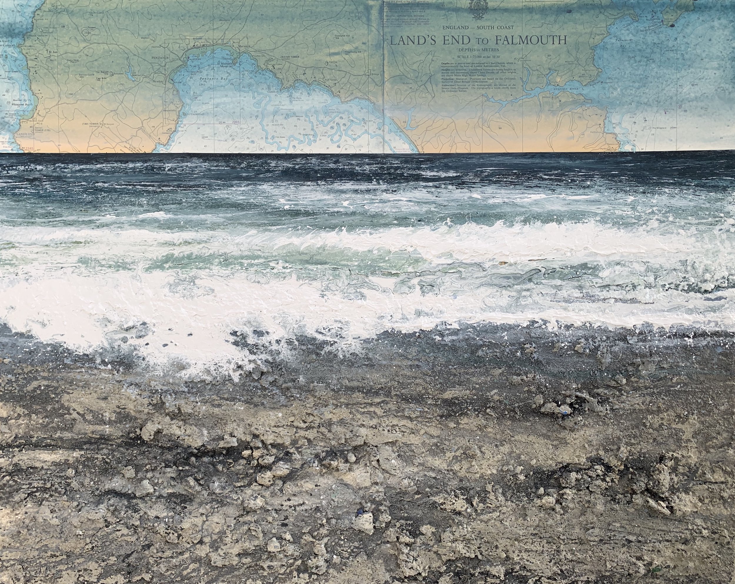 A Letter From Winter 77x62cm Acrylic & Beach Collage on Authentic Vintage Admiralty Chart of Cornwall .jpg