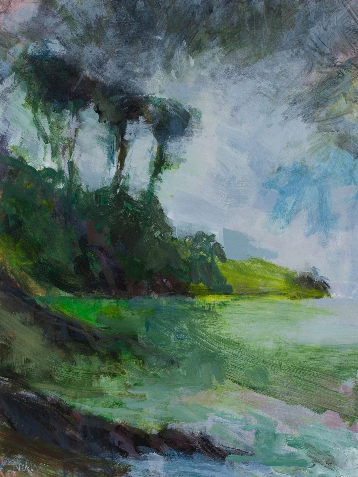 &lsquo;Sudden Downpour&rsquo;
By Sophie Velzian 
57 x 35cm, acrylic on paper- bonded to board

A very apt title for a day like today! Sophie&rsquo;s work celebrates the Helford River in all its luscious glory, in all weathers. A flash of vibrant gree