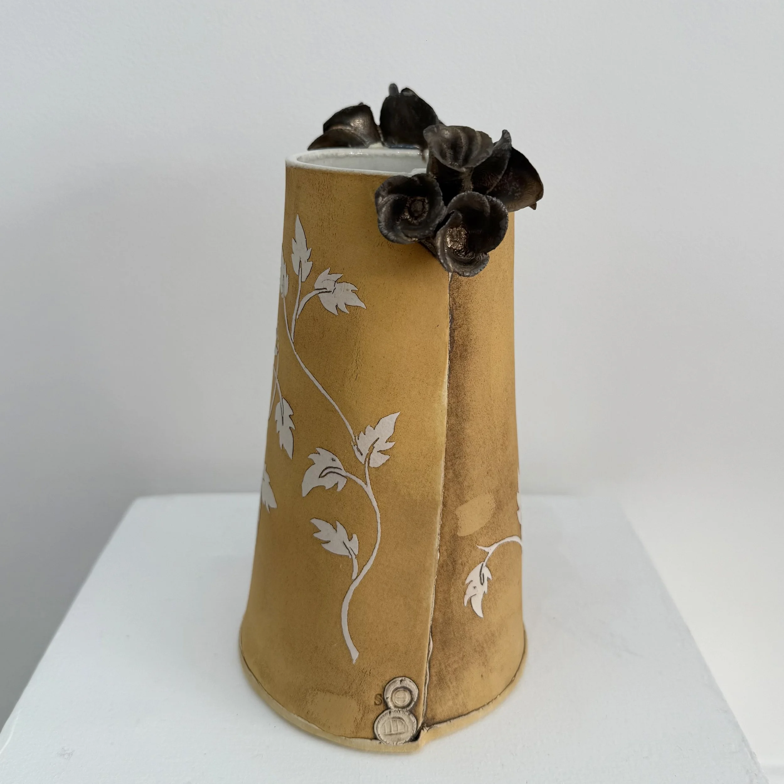 Sarah Dunstan- Large yellow vase with flower handles .jpg