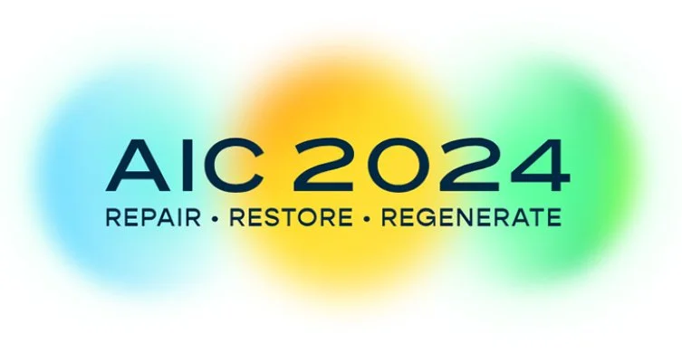 Logo for AIC 2024 conference with the words REPAIR, RESTORE, REGENERATE beneath, on a colorful gradient background.