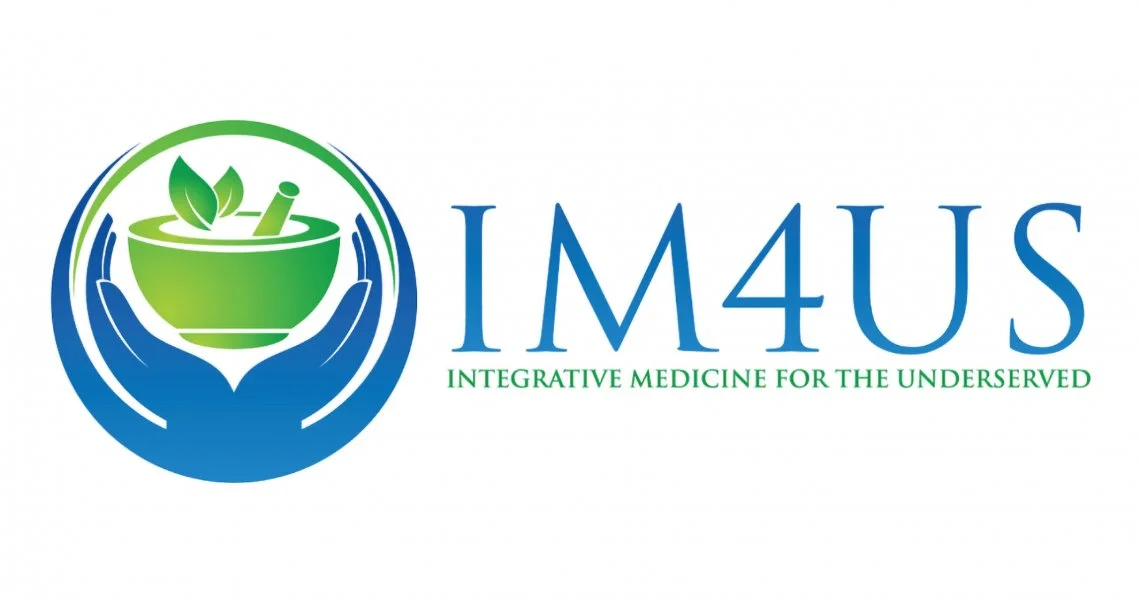 Logo for IM4US with a green bowl, leaves, and a mortar and pestle, surrounded by two hands, with the tagline 'Integrative Medicine for the Underserved'