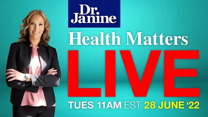 Promotion for Dr. Janine's Health Matters Live show featuring a woman in professional attire, with text indicating the show airs Tuesdays at 11 AM EST on June 28, 2022.