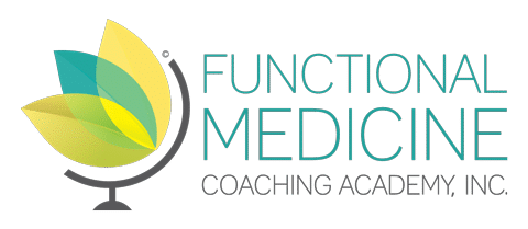Logo of Functional Medicine Coaching Academy, Inc. featuring a stylized green and yellow leaf with a dotted line forming a semi-circle, next to the text 'Functional Medicine Coaching Academy, Inc.' in teal and black.