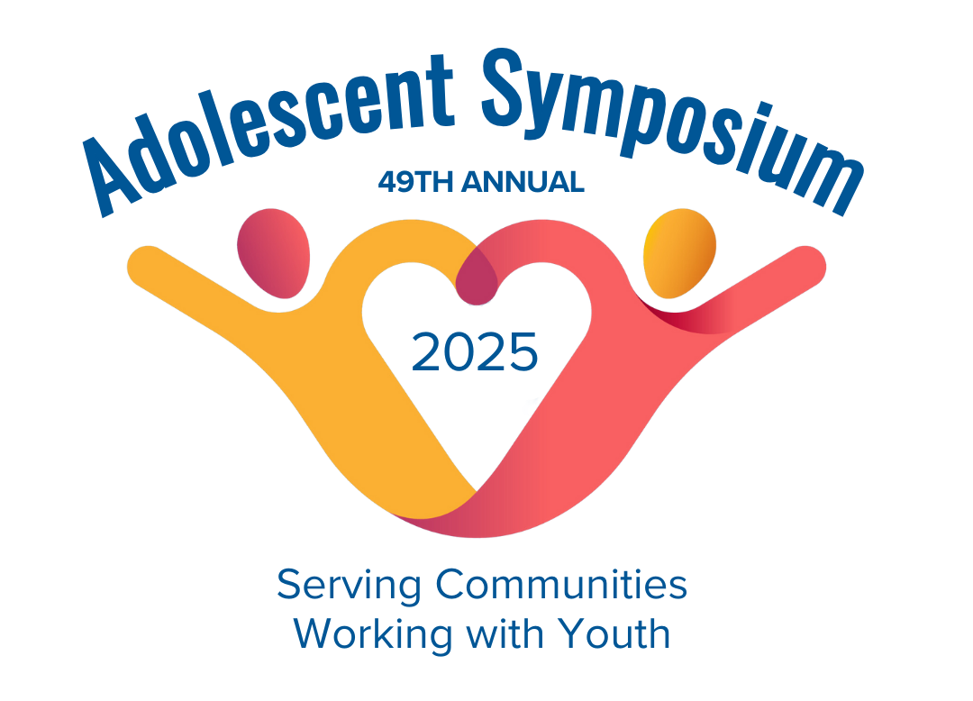 Logo for the 49th Annual Adolescent Symposium 2025, featuring stylized figures of a male and female with arms raised, creating a heart shape in the center, with the tagline "Serving Communities Working with Youth."