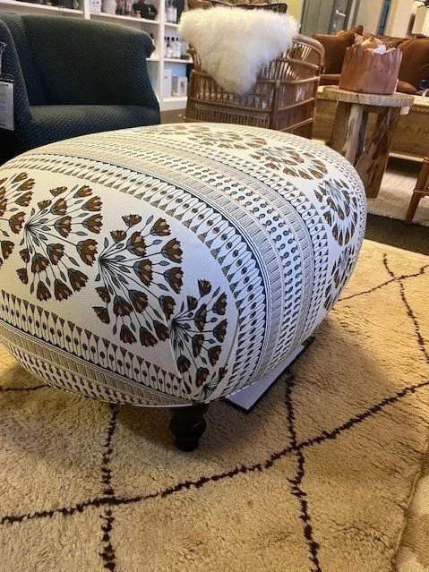 Harriet Ottoman
Upholstered in: Cleo Marigold
38" W x  29" D x  21" H
As Shown: $2055