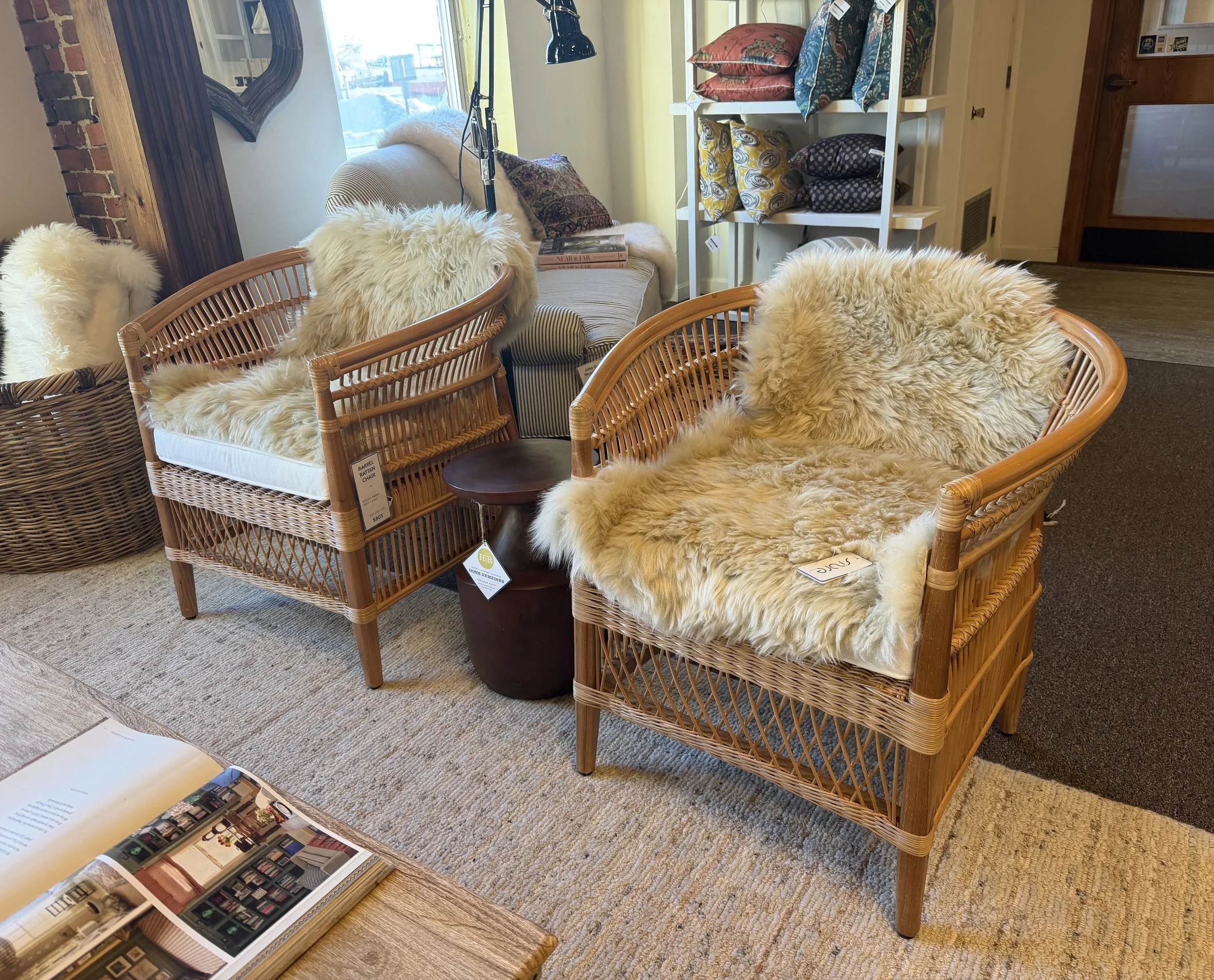 Barrel Rattan Chairs
30W x 25D x 31H
$805 each
*Sheepskins not included
