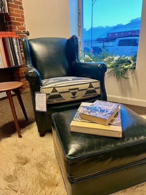 Franklin Chair and Ottoman
Upholstered in  Monte Blanc Aegean
Chair: 30" W x  41" D x  37" H
Ottoman: 22" W x  19" D x  15.5" H
$7079 As Shown 