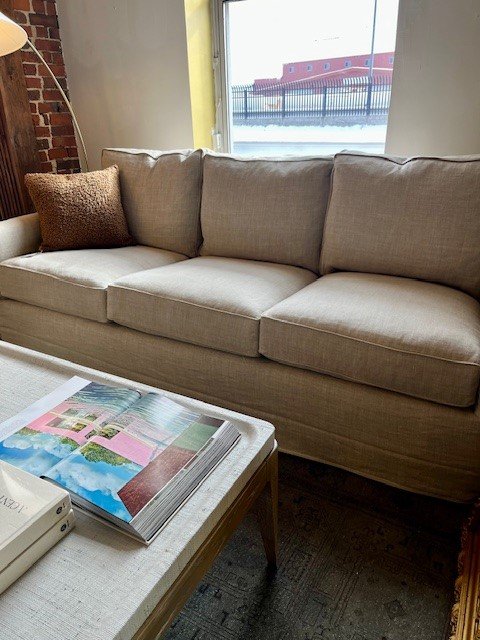Serena Sofa
Slipcovered in Ashville Oatmeal
with welt in Ashville Burlap
84" W x 37" D x 32" H
$5625 As Shown