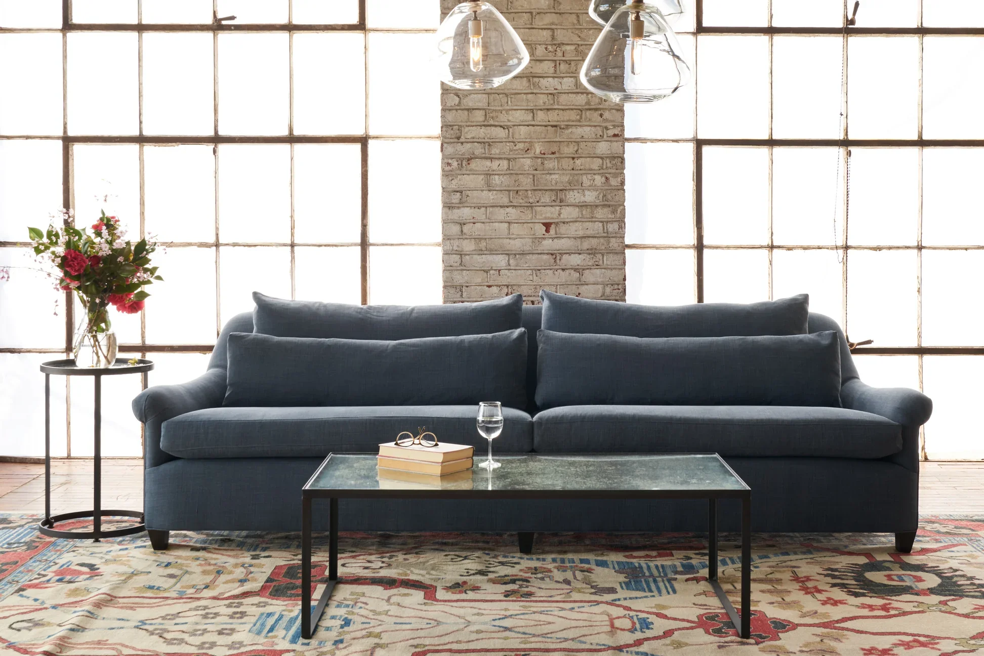 Overall: 84"w 43"d 32"h

Sitting Space: 74"w x 17"d

Seat Height: 20"h

Arm Height: 25"h

Weight: 190 lbs