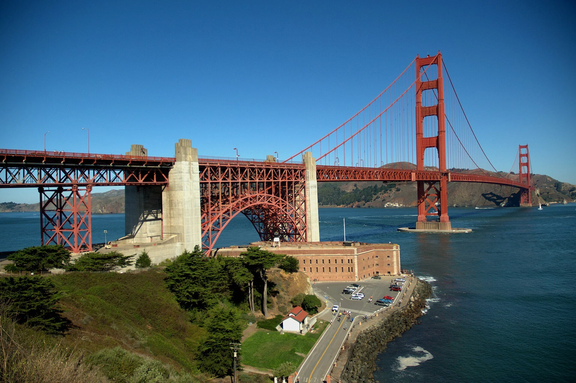 Presidio San Francisco California forested headland and historic buildings overlooking the Golden Gate strait