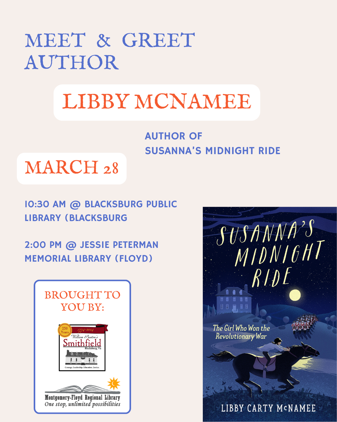 Author Meet & Greet: Libby McNamee reads Susannah's Midnight Ride (Blacksburg)