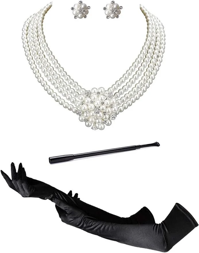 Zivyes Audrey Hepburn Holly Golightly Breakfast at Tiffanys Costume Accessory Necklace Gloves Holder
