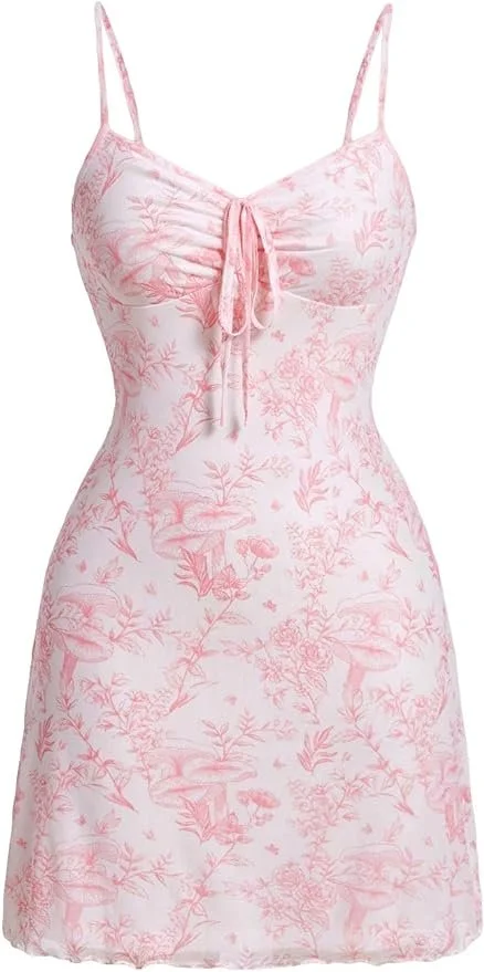 Milumia Women's Floral Print Tie Front Spaghetti Strap Cami Dress V Neck Flare Mini Sun Dresses