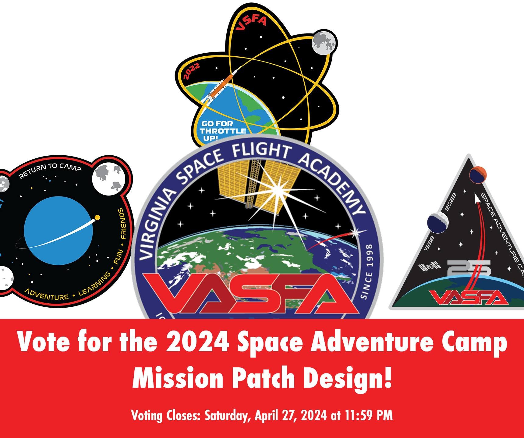 🚀 Rock(et) the Vote!

Our 2024 Space Adventure Campers created some fantastic designs for the Mission Patch Contest! Now we would appreciate your help picking the best one. See the designs, read the artists' comments, and vote for your favorite here