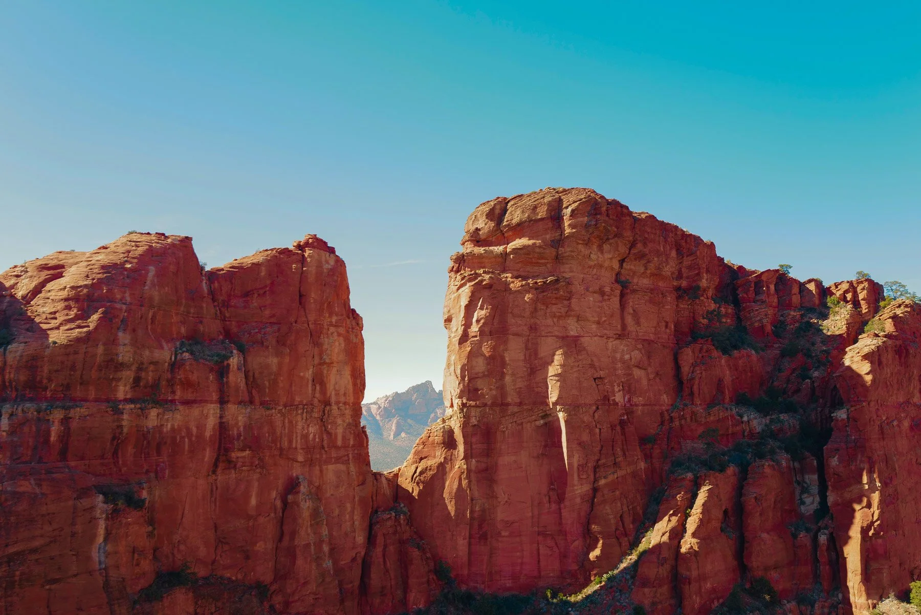 Red rock formations in a canyon with a clear blue sky above, typical of a desert landscape.