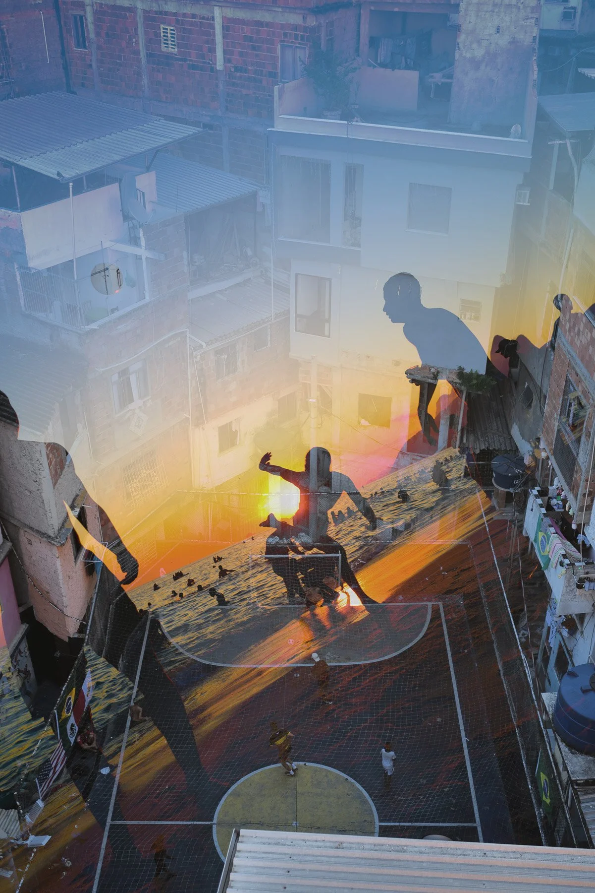 Overlay of silhouettes of people playing basketball on a rooftop court at sunset, with city buildings in the background.