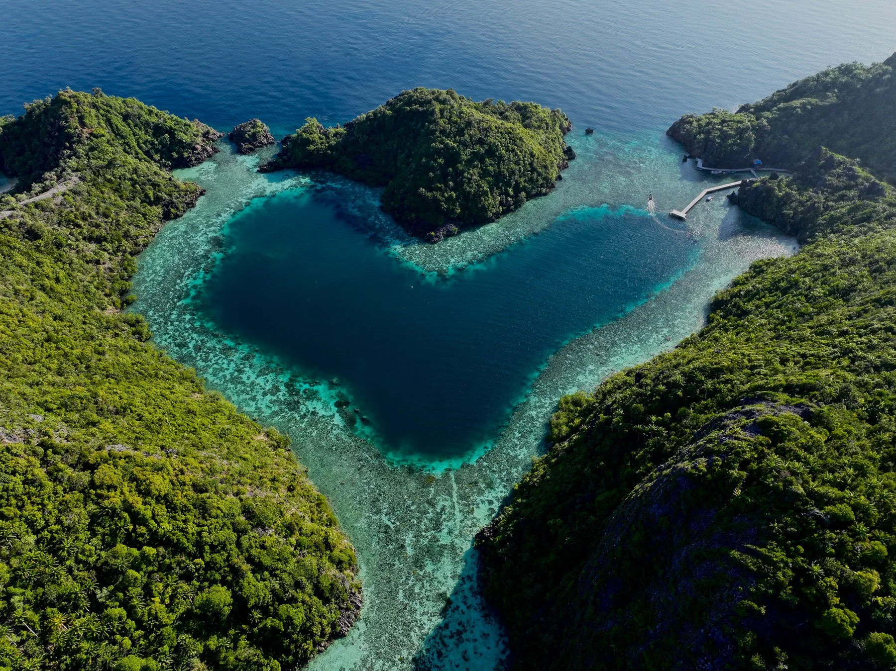 Aerial view of a tropical island with lush green vegetation, surrounded by clear blue water and coral reefs. There is a curved pier on the right side extending into the water.