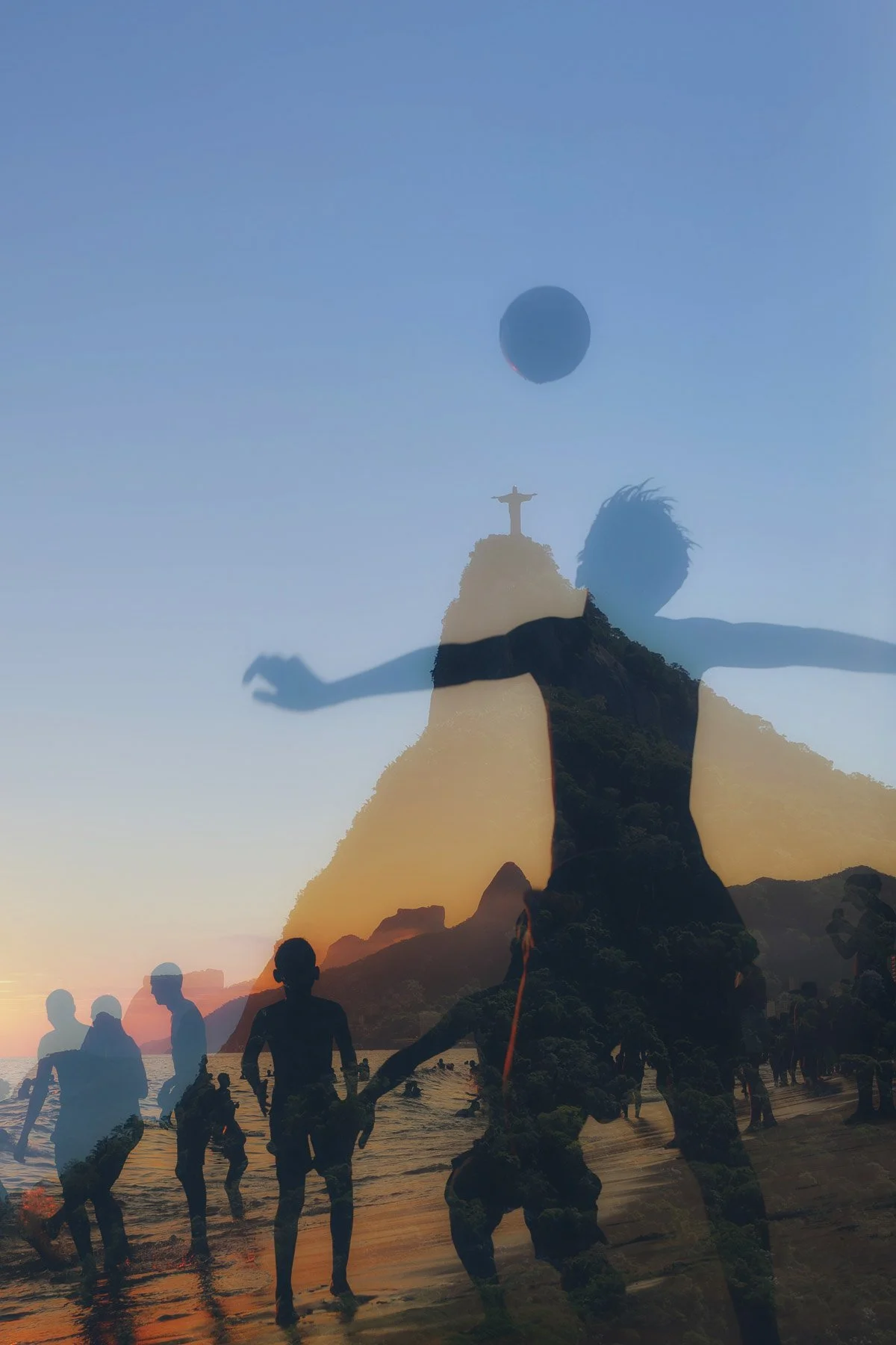 A double exposure photo combining a silhouette of a person with outstretched arms and a beach scene at sunset with groups of people, a mountain range, and a person standing on a hill with arms raised, along with the Christ the Redeemer statue and a h