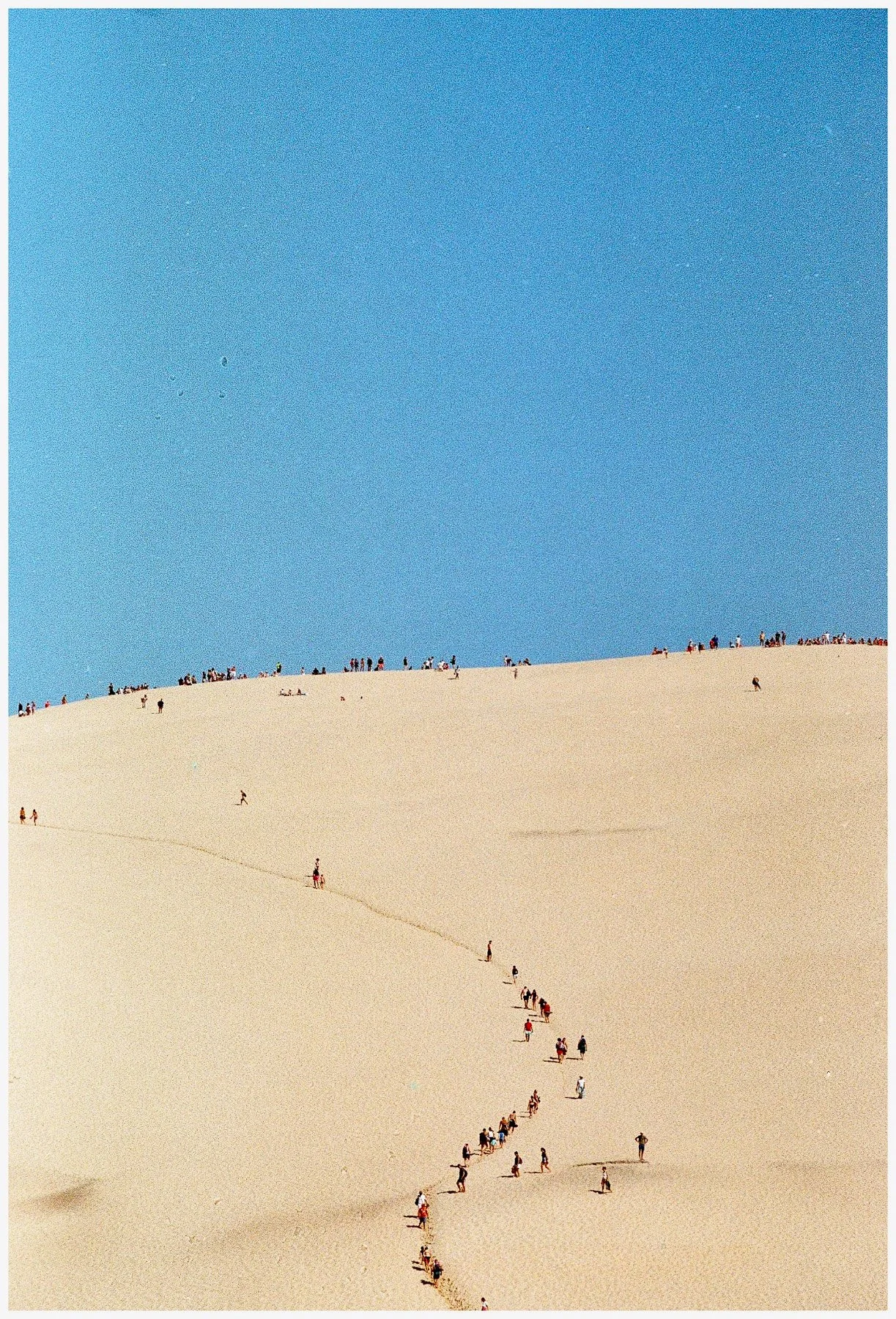 People walking in single-file across sand dunes under a clear blue sky.