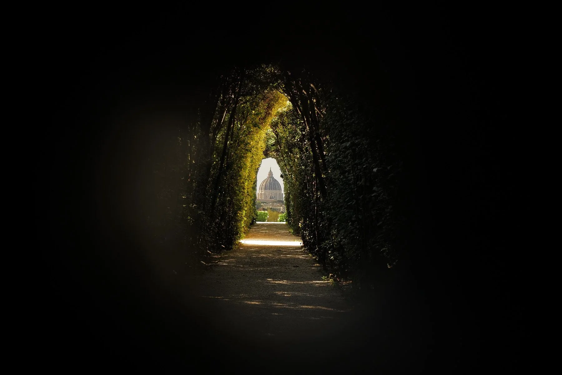 View through a dark, tree-lined tunnel showing the dome of St. Peter's Basilica in the distance.