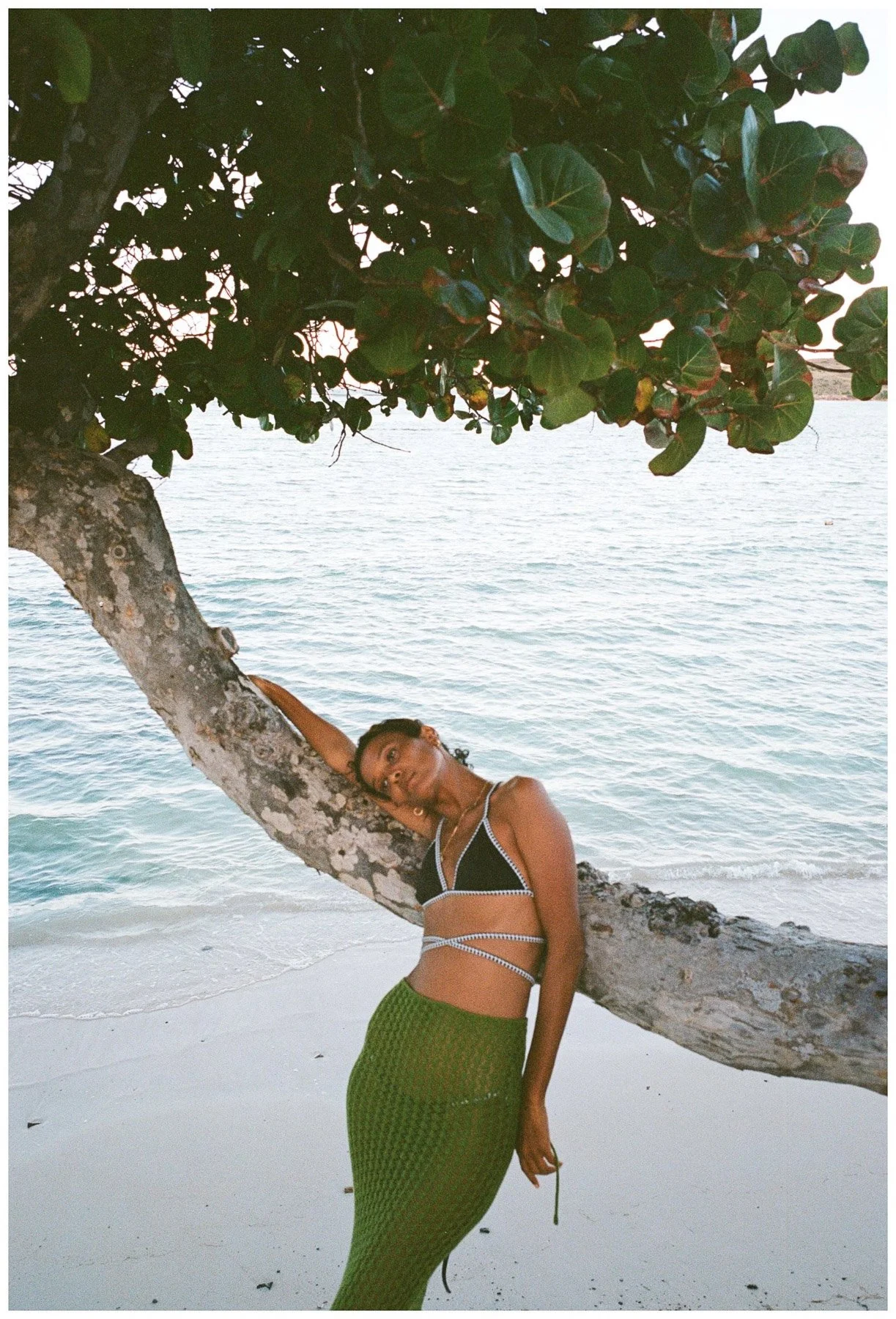A woman leaning against a tree on a beach, looking upward, with water visible in the background and lush green leaves overhead.