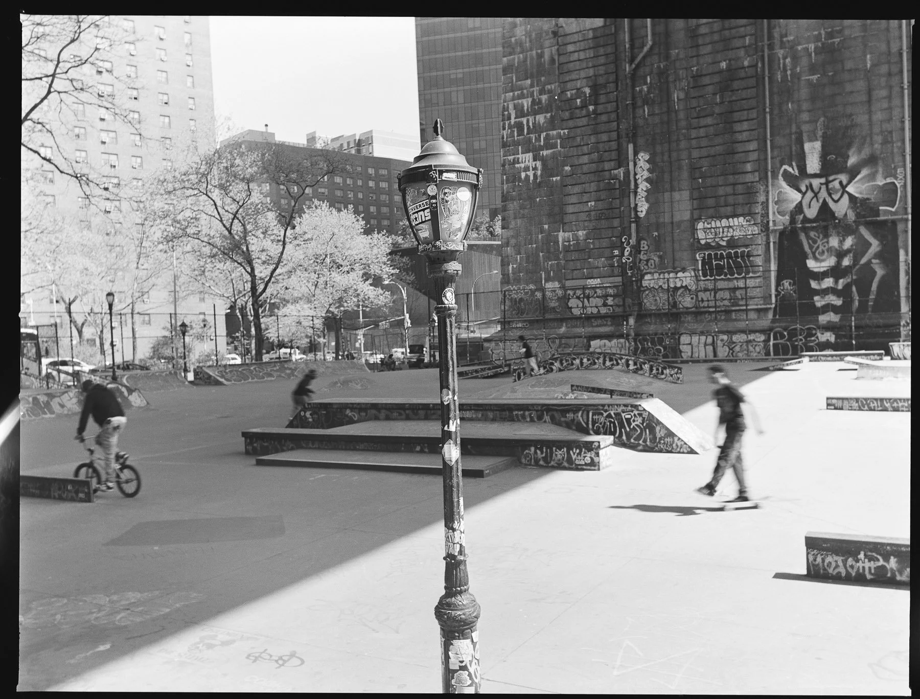 A black and white photo of an urban skatepark with graffiti-covered ramps and structures. A streetlamp in the foreground is also covered in stickers. Several people are skateboarding and riding bikes in the park, with tall buildings and leafless tree