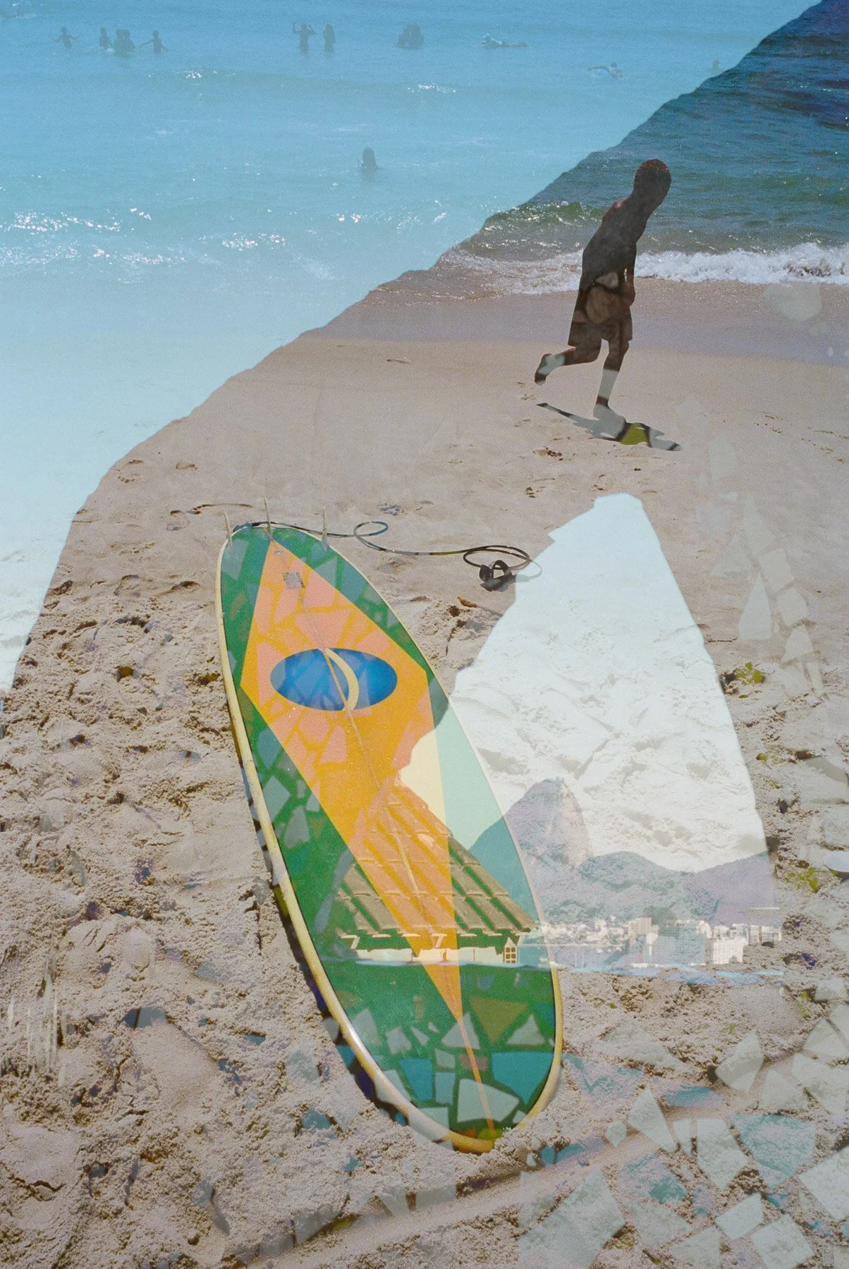 A beach scene with a person running on the sand, a colorful surfboard lying on the sand, and the ocean with swimmers in the background.