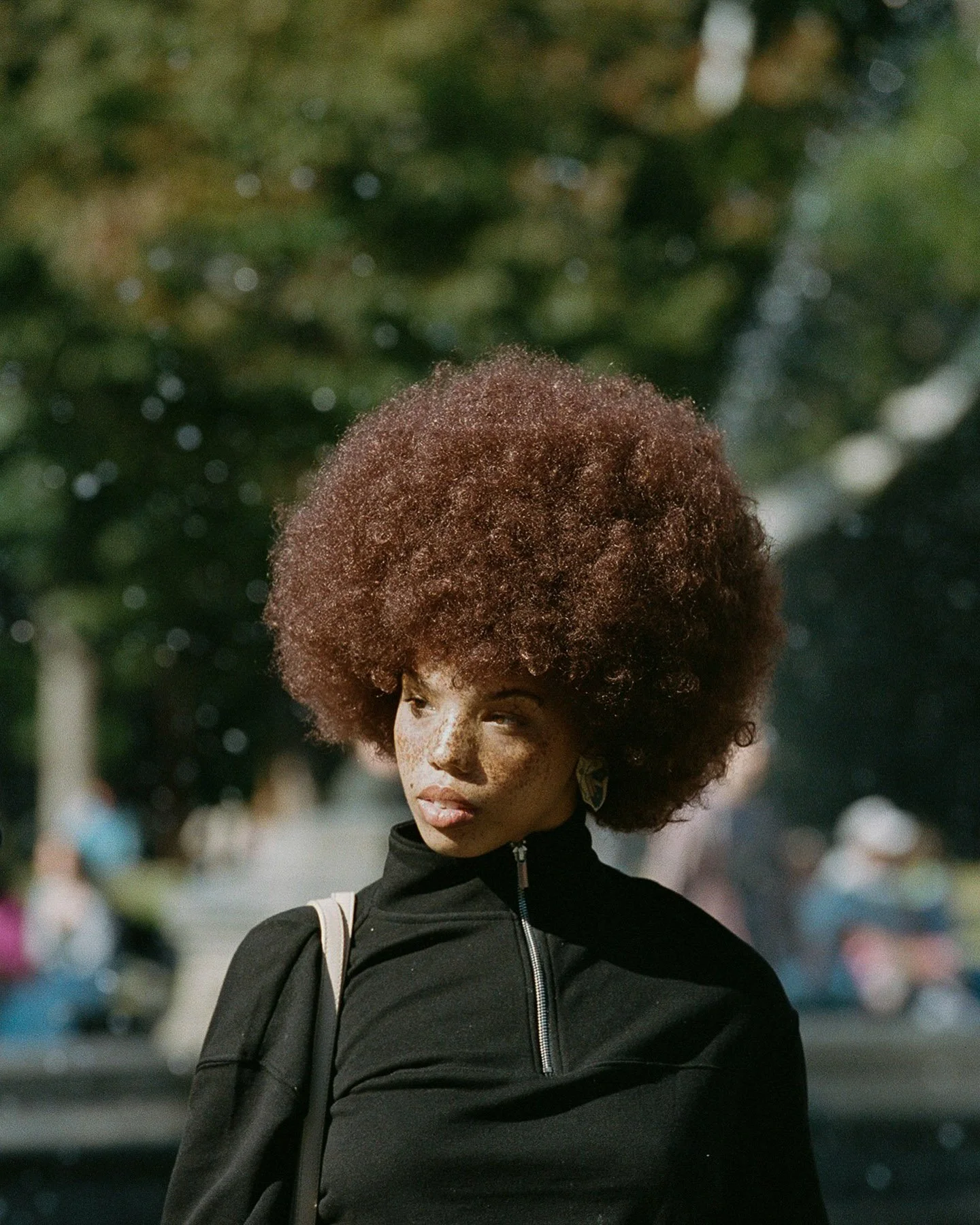 A woman with a large, voluminous, reddish-brown afro hairstyle stands outdoors with a blurred background of trees and people. She wears a black zip-up jacket and has large earrings.