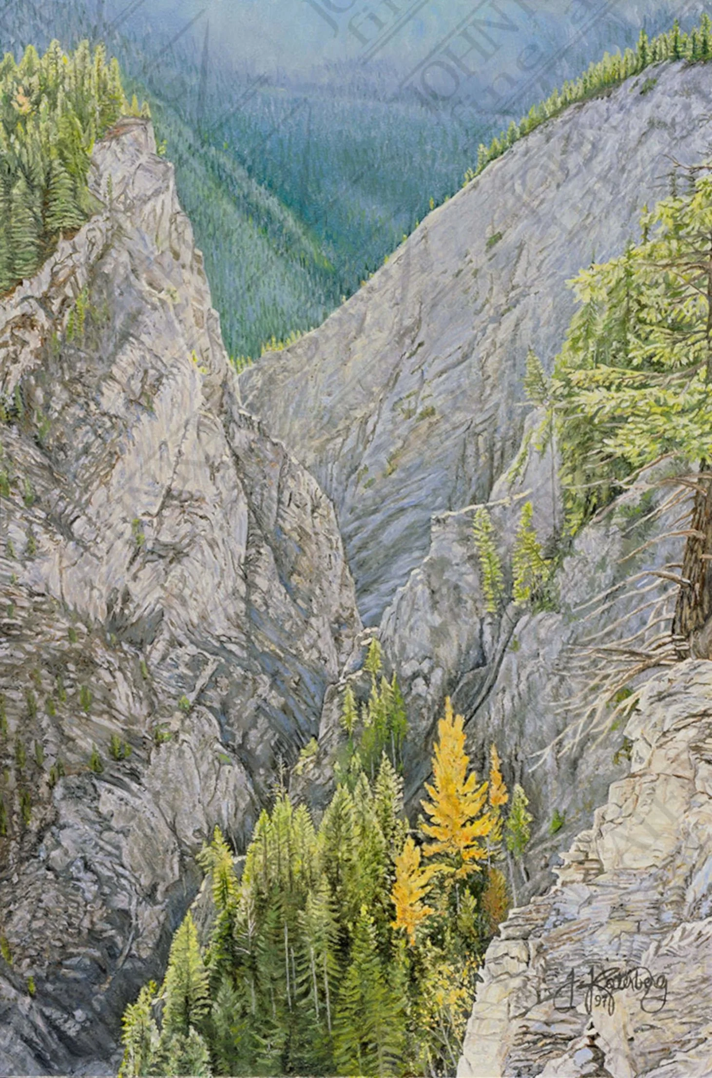 Painting of a mountainous landscape with rocky cliffs, green pine trees, and yellow autumn trees in a valley.