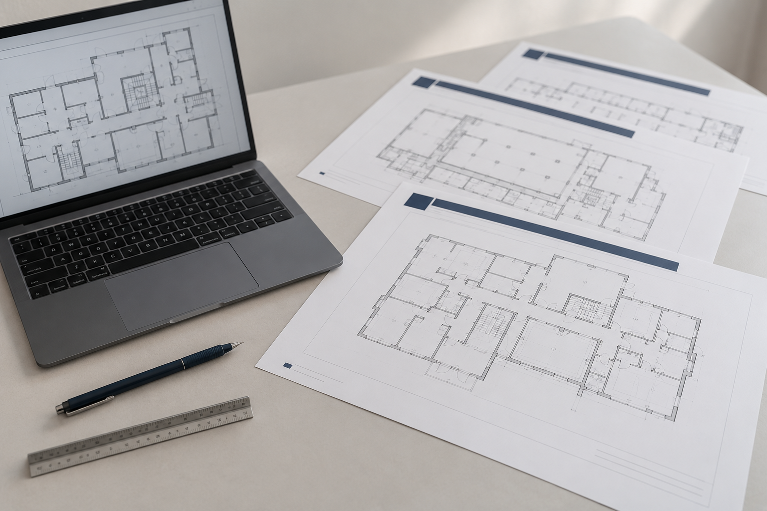 Laptop and coordinated building plans in a professional drafting workspace