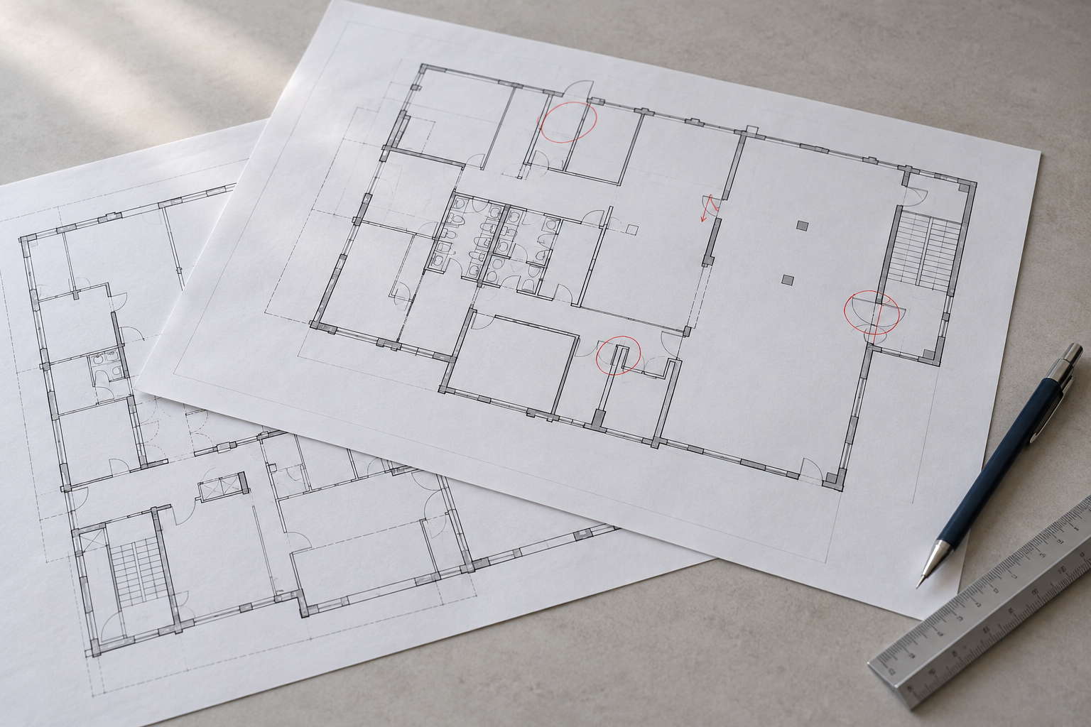 Building floor plans with revision marks illustrating a document review