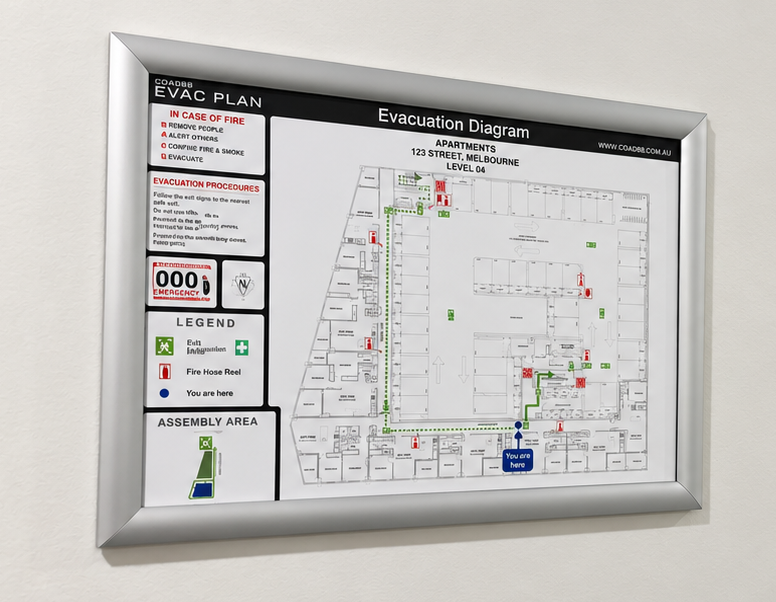 Site-specific evacuation diagram showing emergency exits, evacuation routes and fire-safety equipment