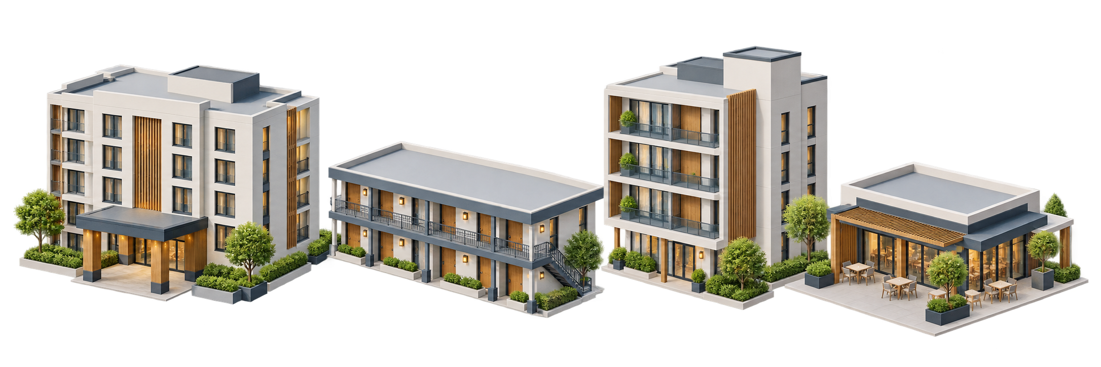 Illustration of a hotel, motel, serviced apartments and hospitality venue.