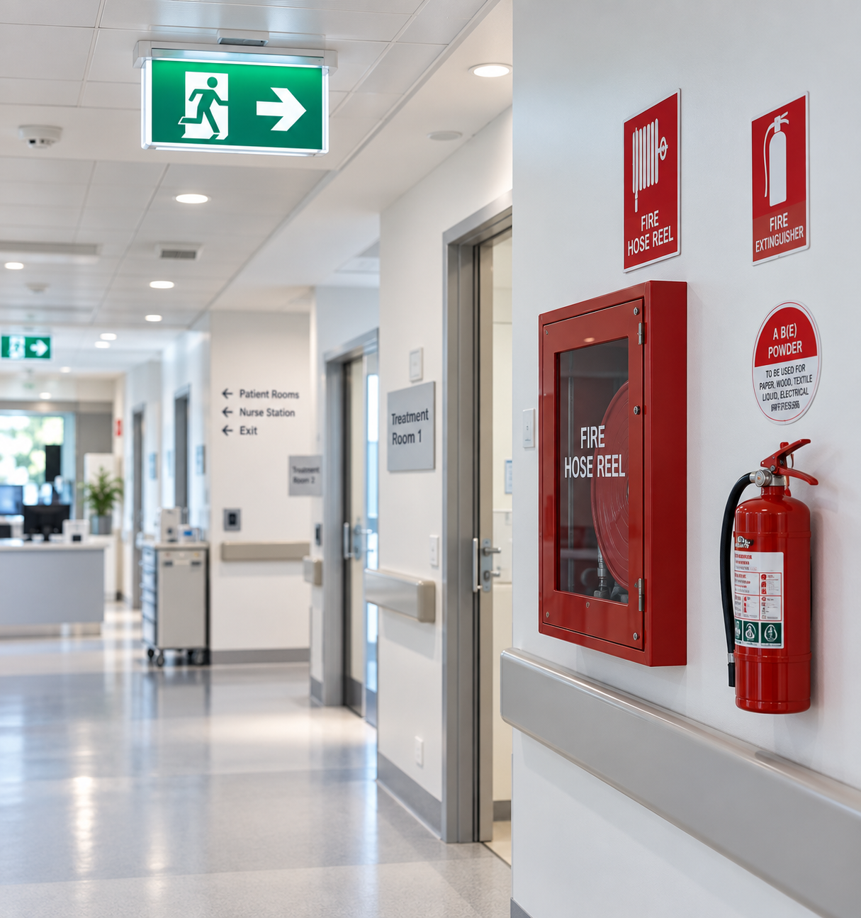 Hospital corridor with emergency exit signage and fire equipment, representing emergency planning in healthcare facilities.