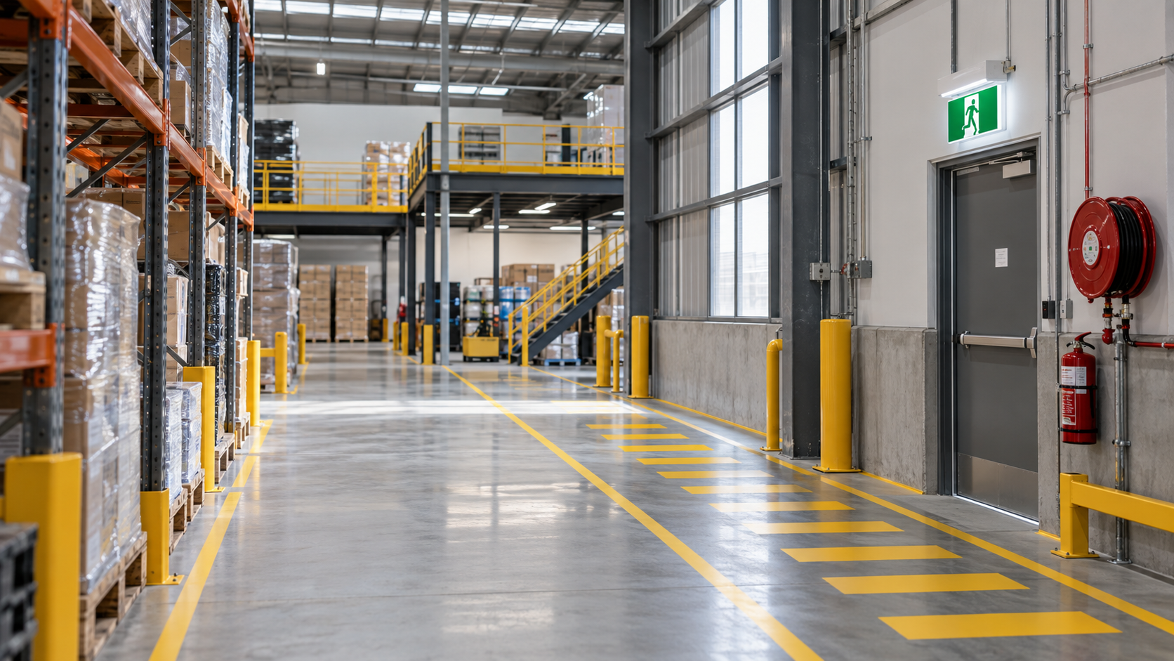 Marked pedestrian route leading to an emergency exit inside a warehouse with pallet racking and a mezzanine