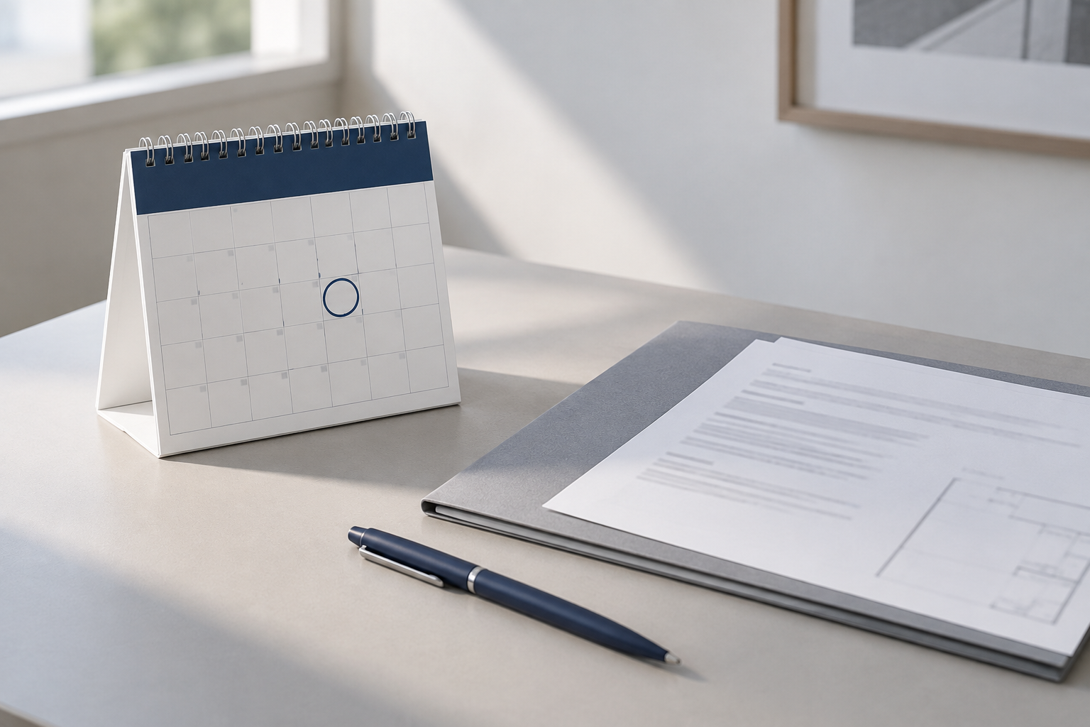Desk calendar and documents illustrating a scheduled evacuation diagram review